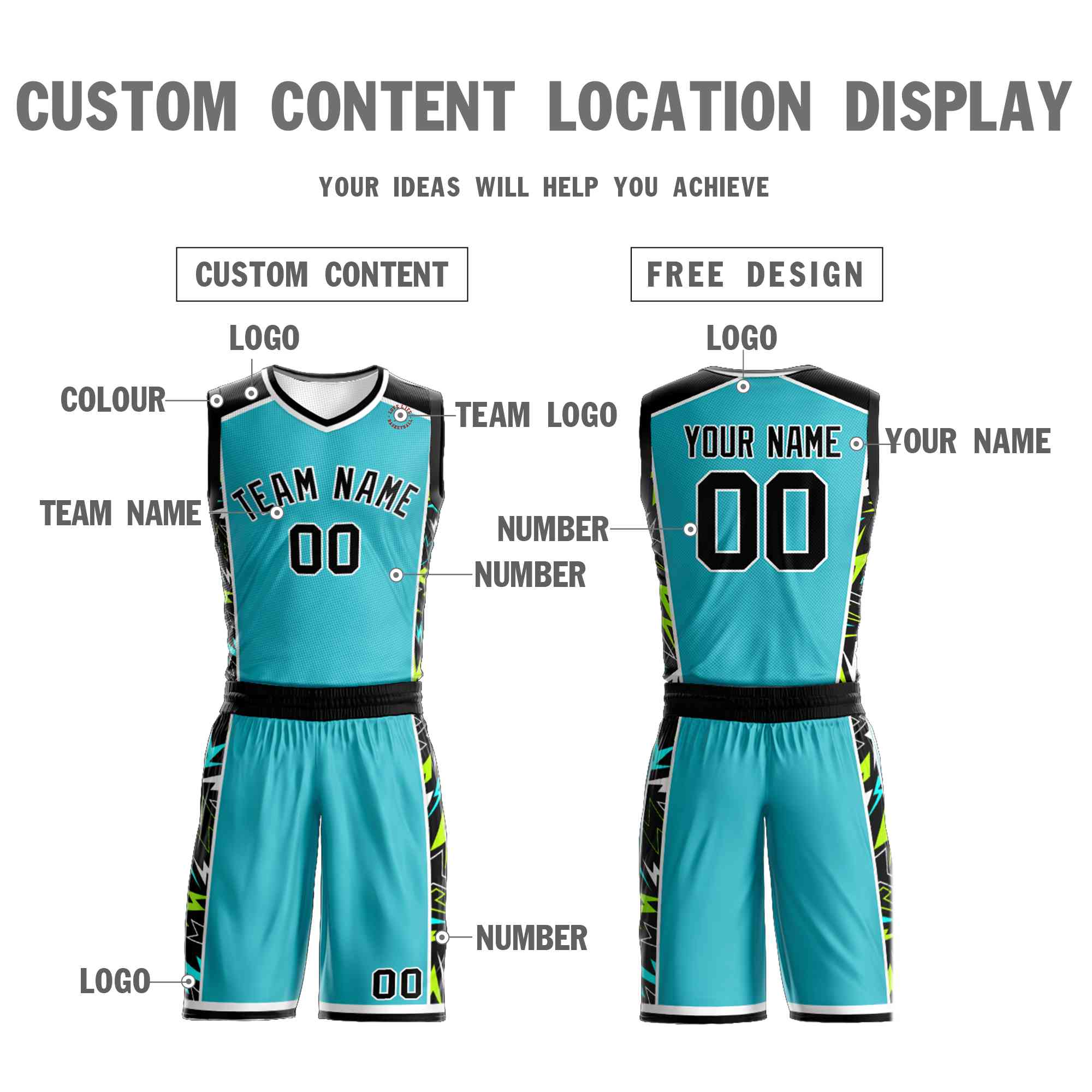 Custom Teal Black-White Graffiti Pattern Sets Lightning Basketball Jersey