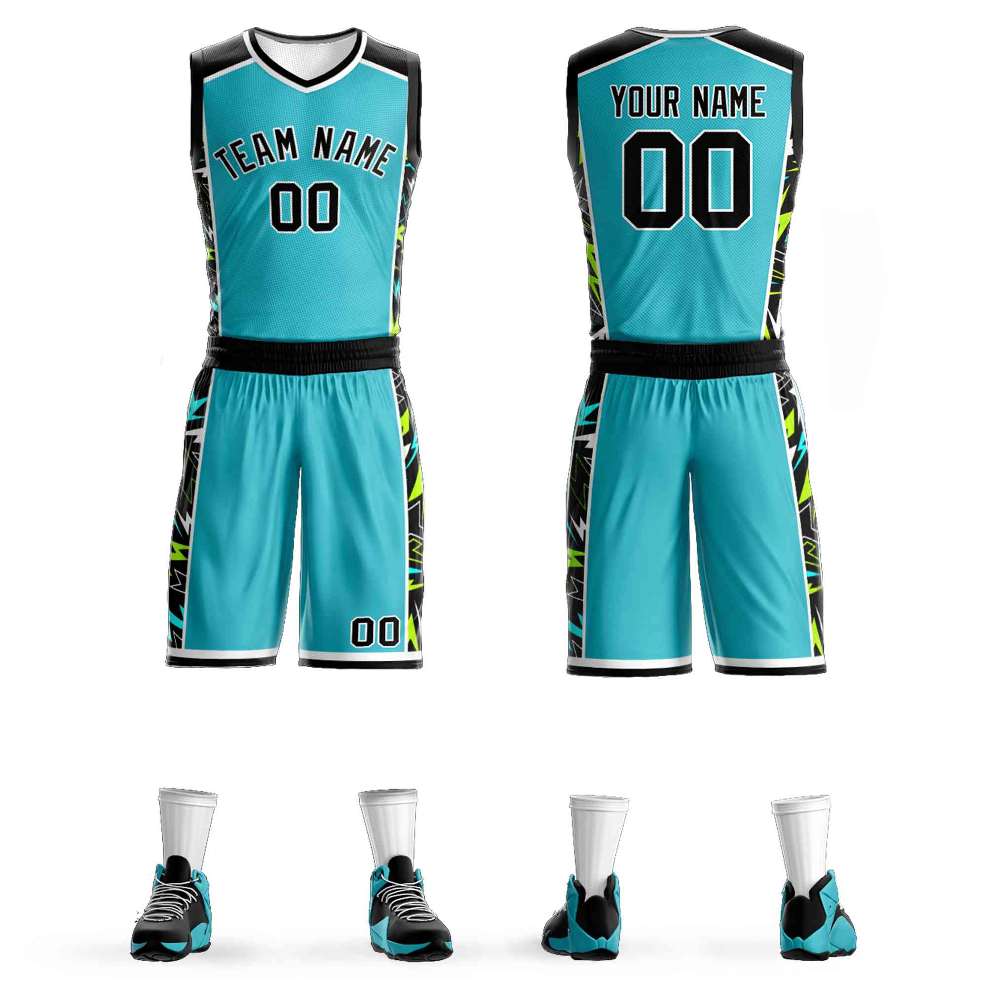 Custom Teal Black-White Graffiti Pattern Sets Lightning Basketball Jersey