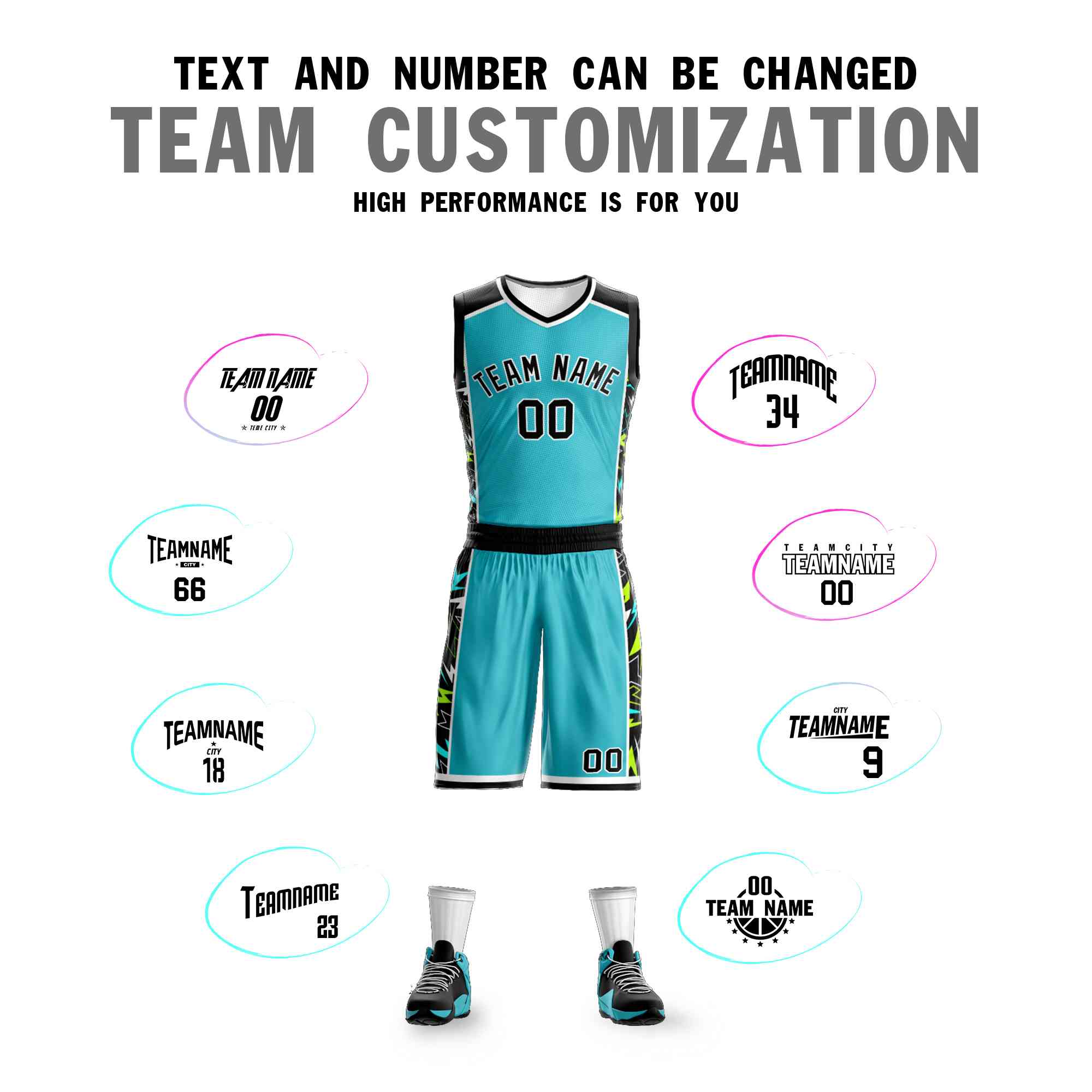 Custom Teal Black-White Graffiti Pattern Sets Lightning Basketball Jersey