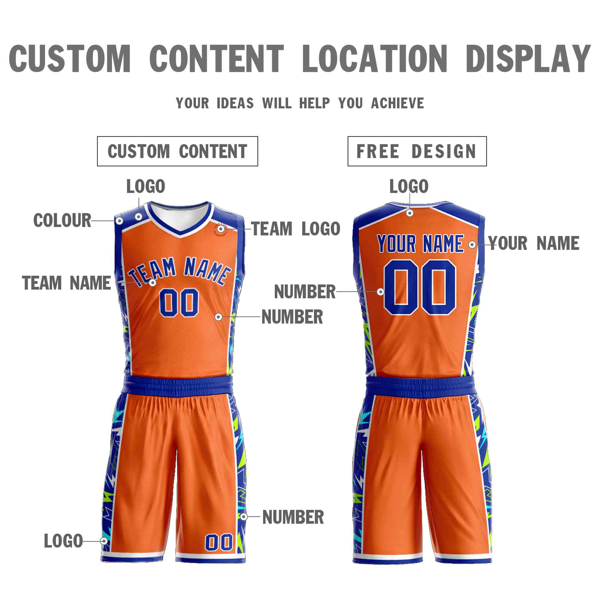 Le motif de graffiti personnalisé Orange Royal-White définit le maillot de basket-ball Lightning