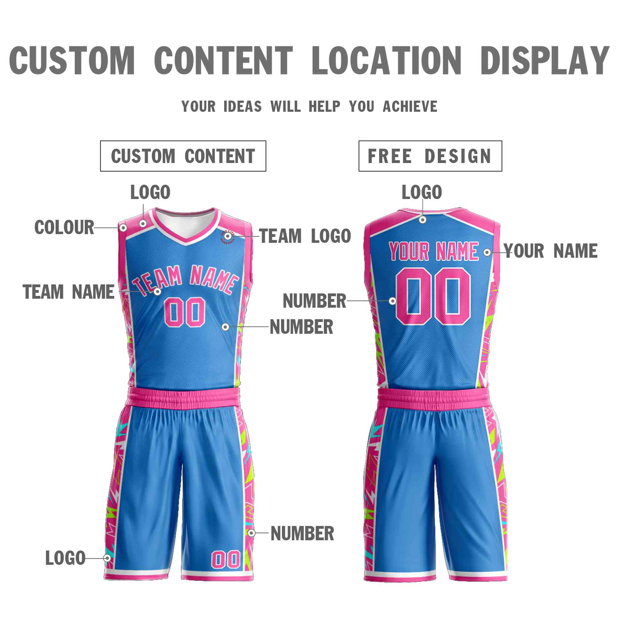 Custom Powder Blue Pink-White Graffiti Pattern Sets Lightning Basketball Jersey