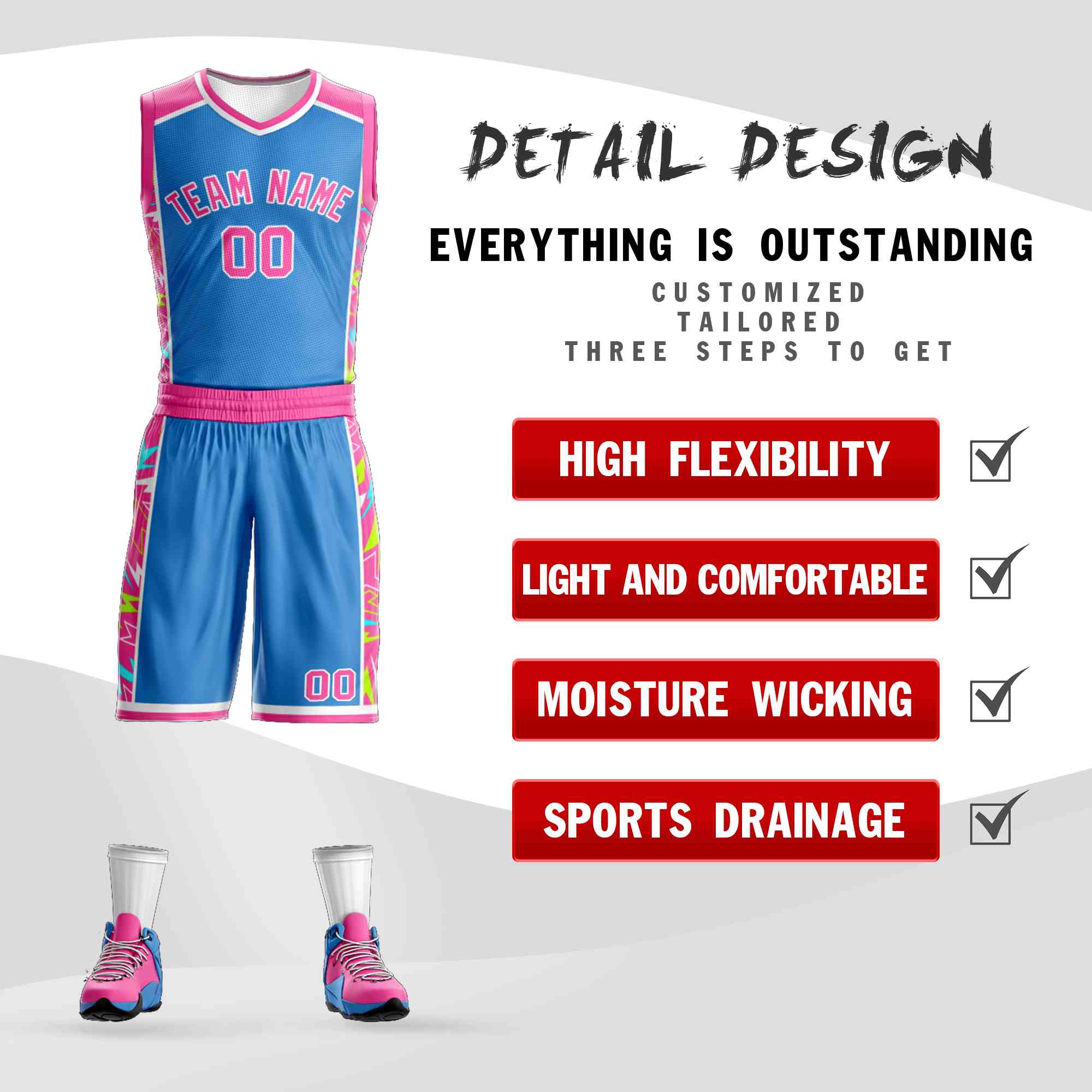 Le motif de graffiti personnalisé bleu poudre rose-blanc définit le maillot de basket-ball Lightning