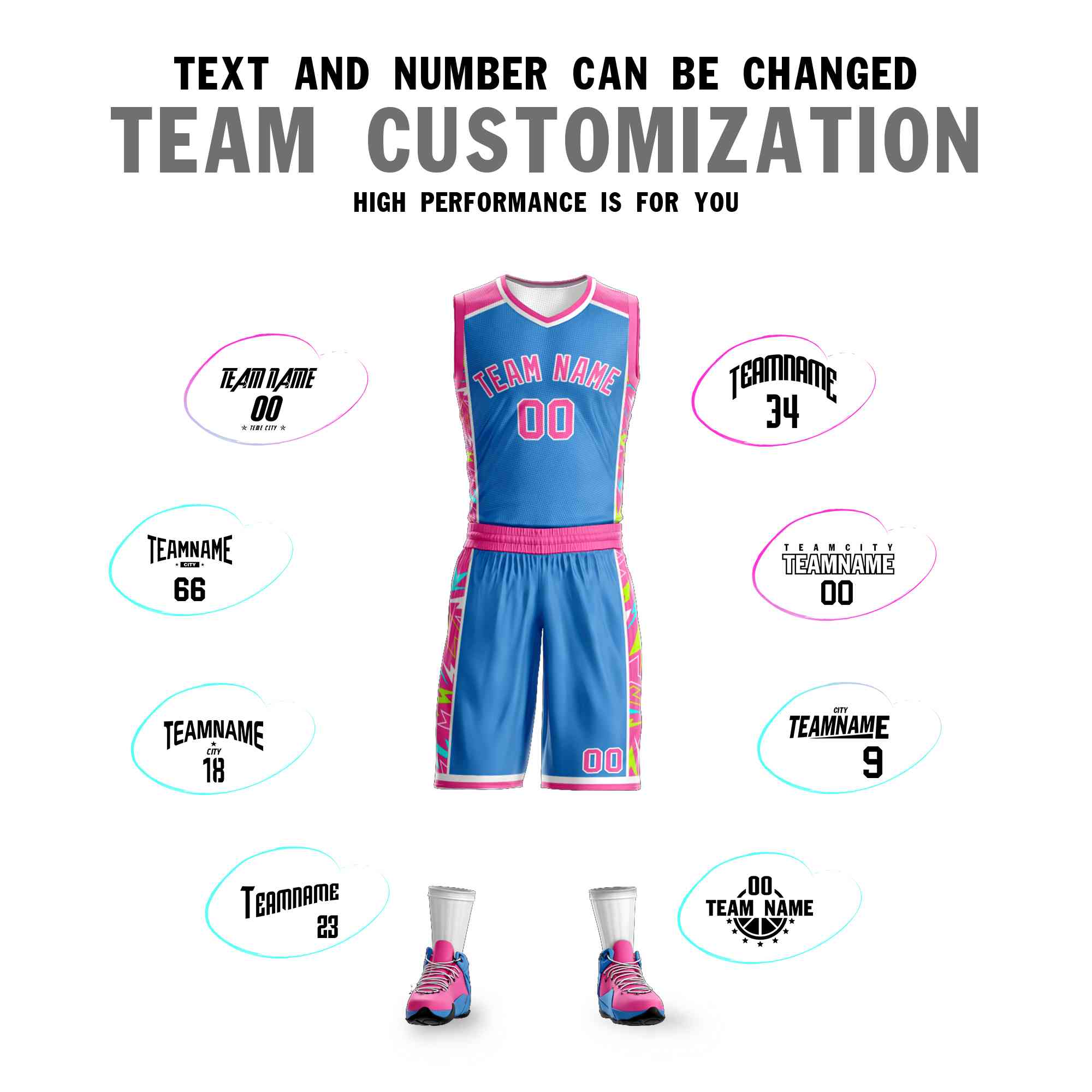 Custom Powder Blue Pink-White Graffiti Pattern Sets Lightning Basketball Jersey