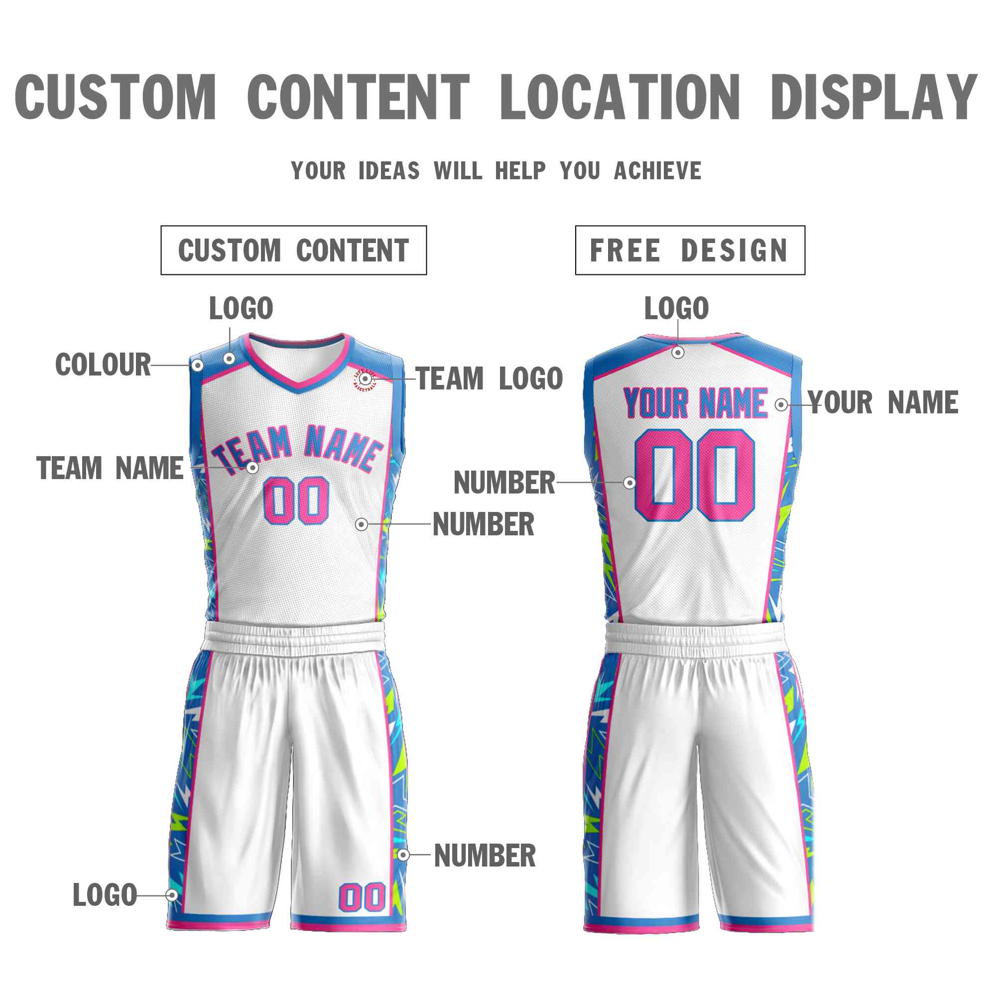 Le motif de graffiti bleu-rose en poudre blanche personnalisé définit le maillot de basket-ball Lightning