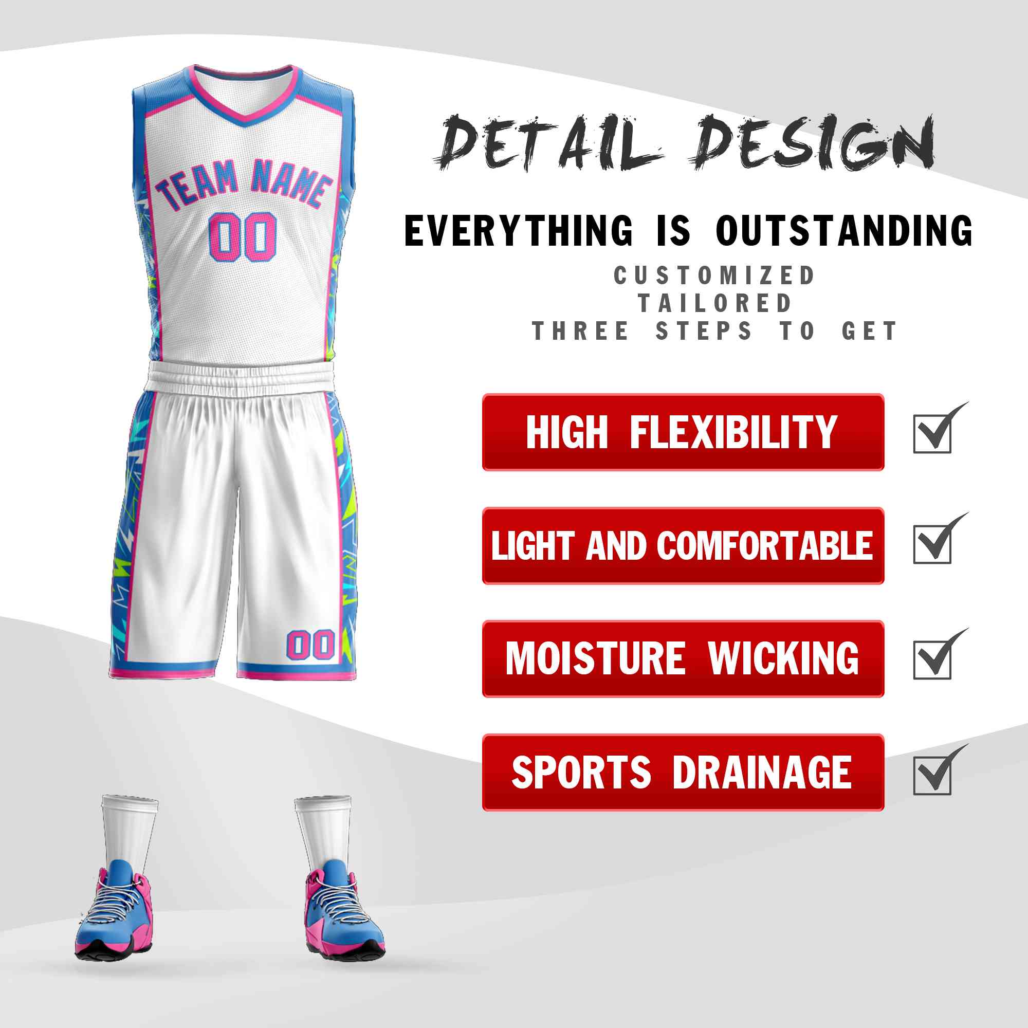 Le motif de graffiti bleu-rose en poudre blanche personnalisé définit le maillot de basket-ball Lightning