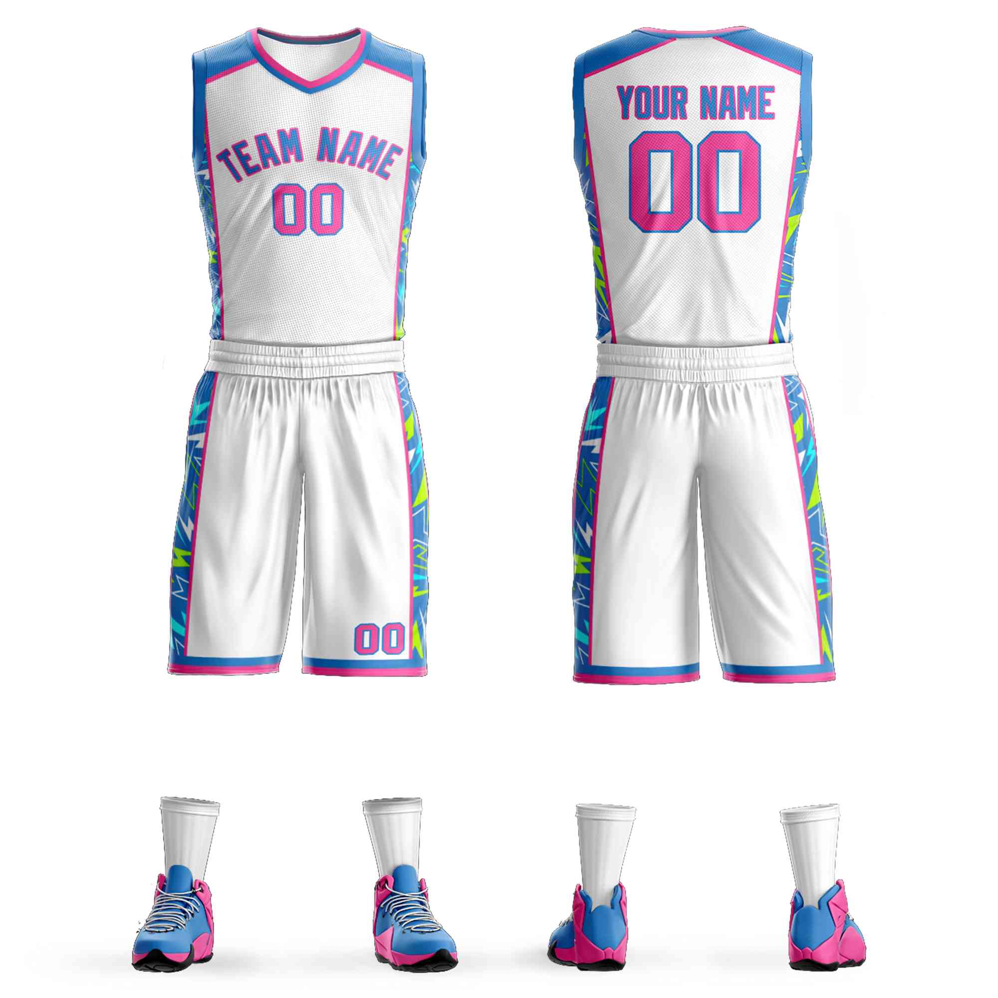 Le motif de graffiti bleu-rose en poudre blanche personnalisé définit le maillot de basket-ball Lightning