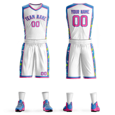 Custom White Powder Blue-Pink Graffiti Pattern Sets Lightning Basketball Jersey