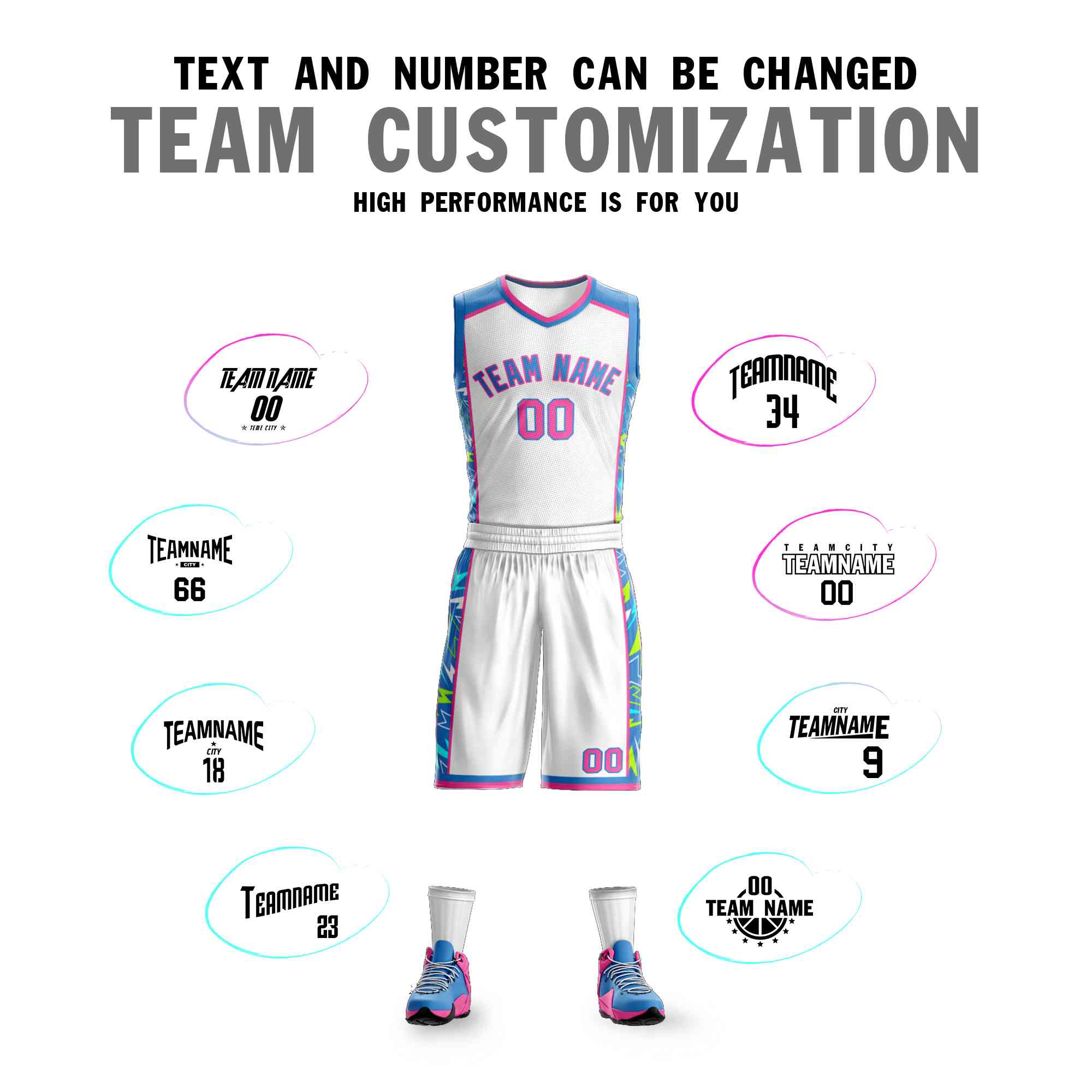 Custom White Powder Blue-Pink Graffiti Pattern Sets Lightning Basketball Jersey