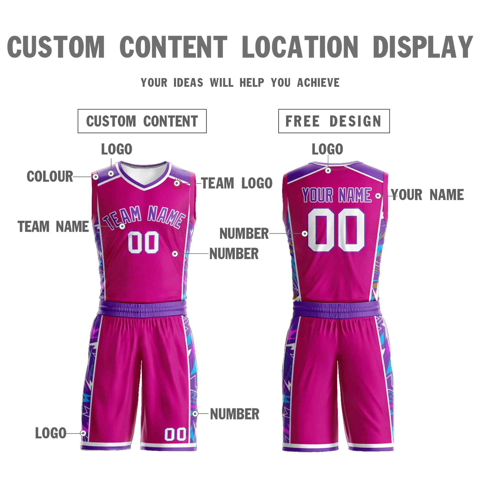 Custom Rose Pink Purple-White Graffiti Pattern Sets Lightning Basketball Jersey