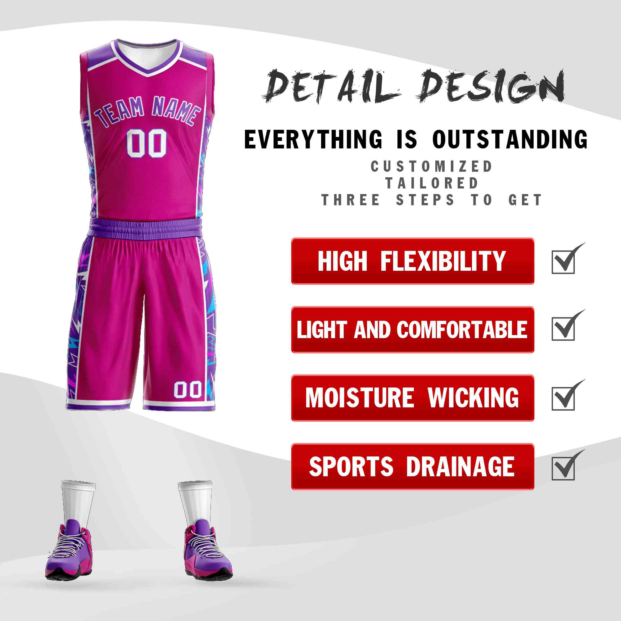 Maillot de basket-ball Lightning personnalisé, motif Graffiti Rose violet-blanc, ensembles