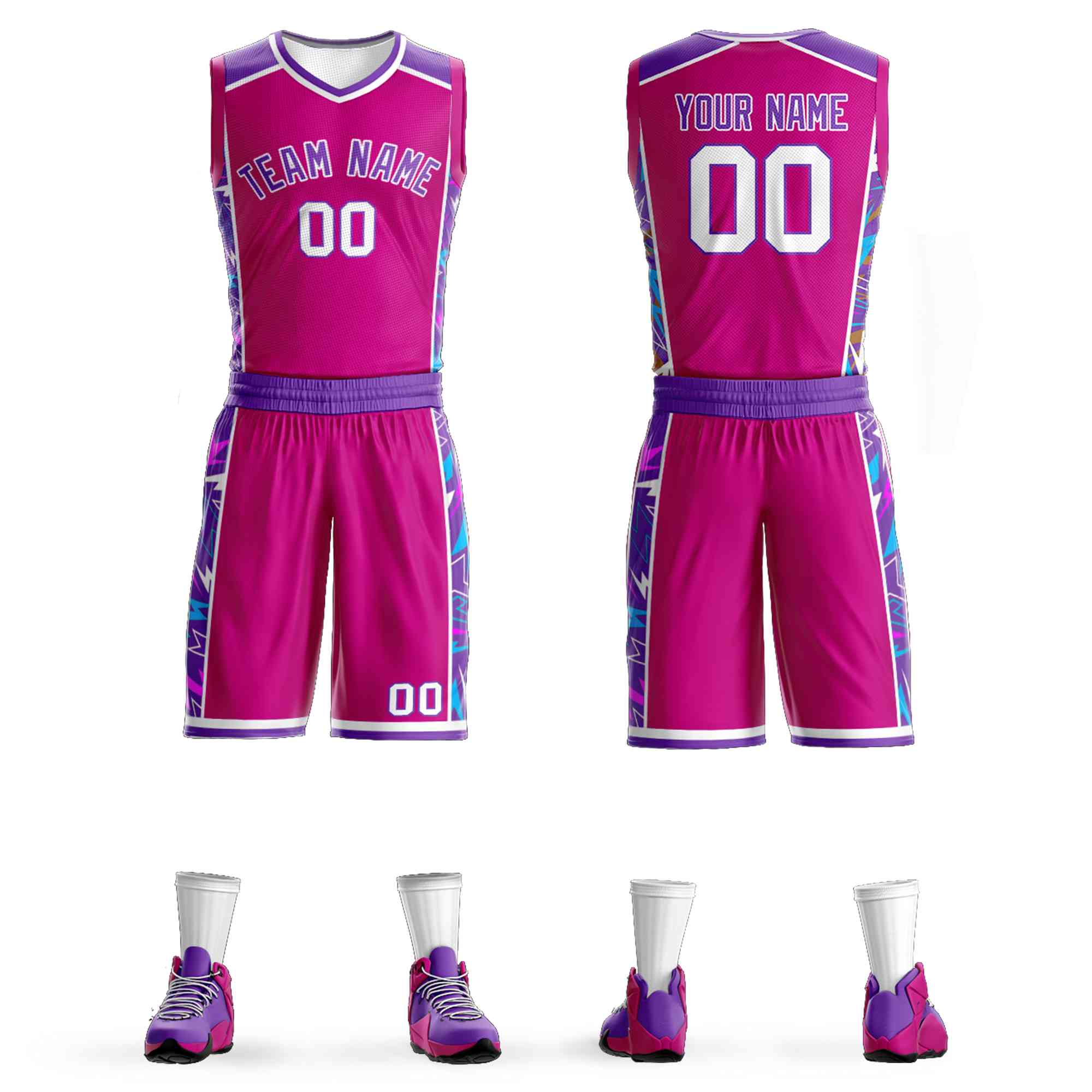 Maillot de basket-ball Lightning personnalisé, motif Graffiti Rose violet-blanc, ensembles