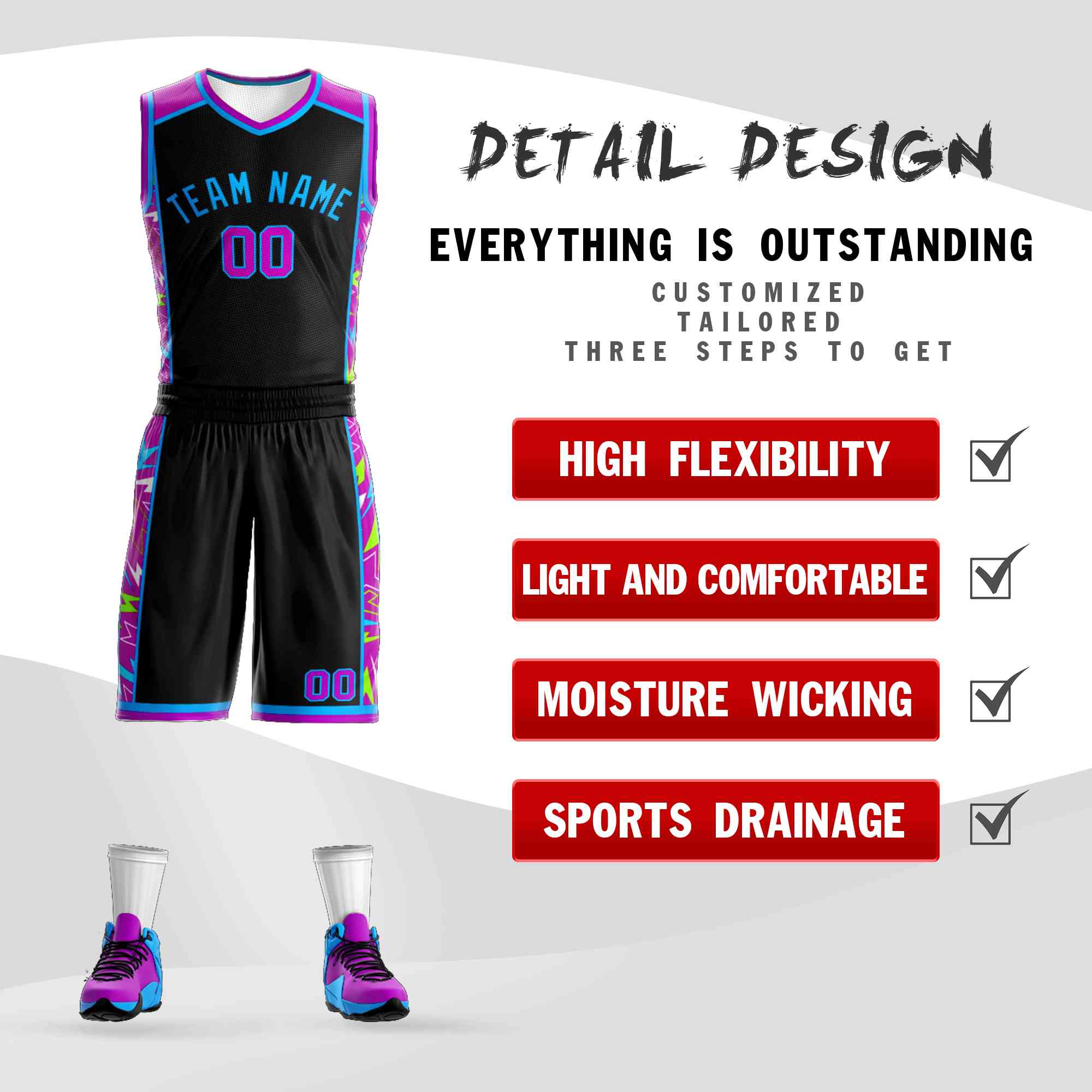 Le motif de graffiti bleu poudre noir personnalisé définit le maillot de basket-ball Lightning