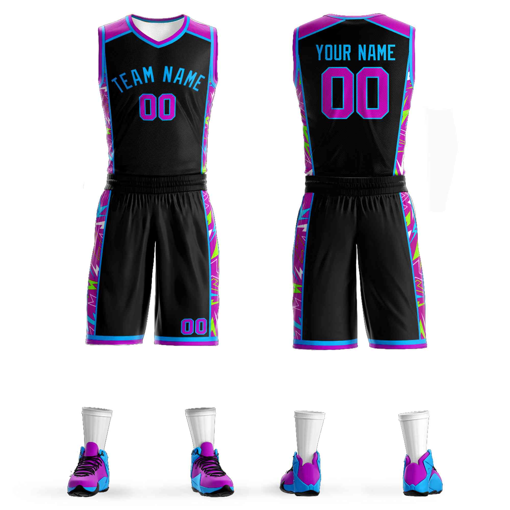 Le motif de graffiti bleu poudre noir personnalisé définit le maillot de basket-ball Lightning