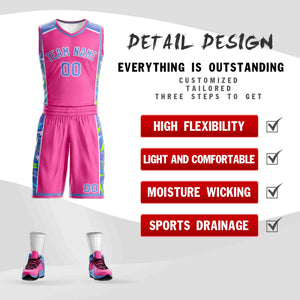 Custom Pink Powder Blue-White Graffiti Pattern Sets Lightning Basketball Jersey