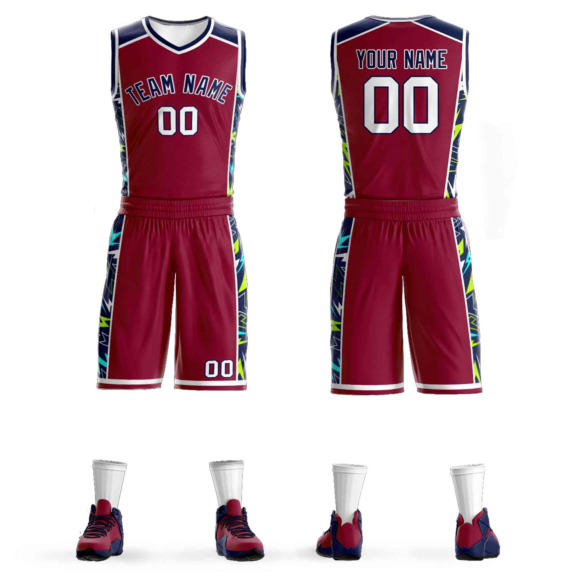 Custom Maroon Navy-White Graffiti Pattern Sets Lightning Basketball Jersey