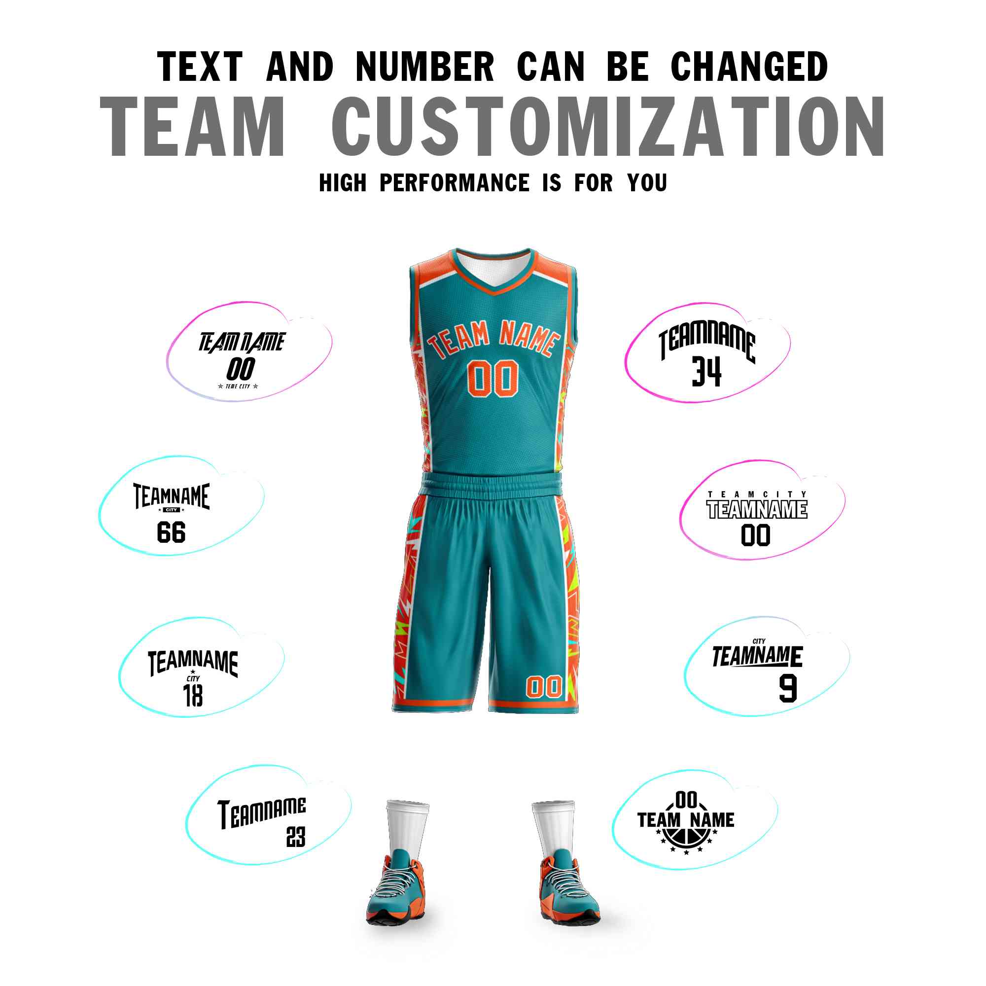 Custom Teal Orange-White Graffiti Pattern Sets Lightning Basketball Jersey