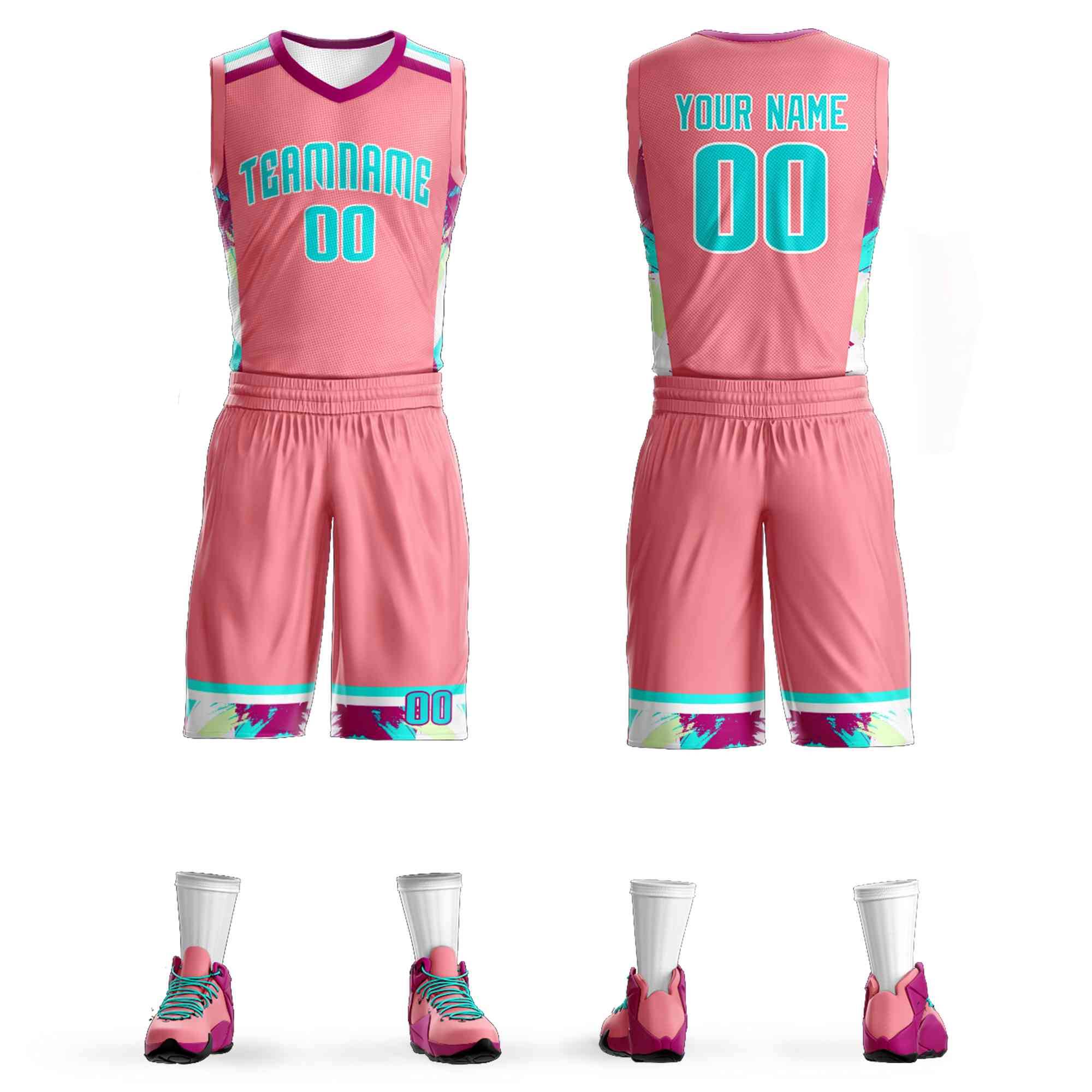 Maillot de basket-ball personnalisé à motif Graffiti rose clair blanc-blanc