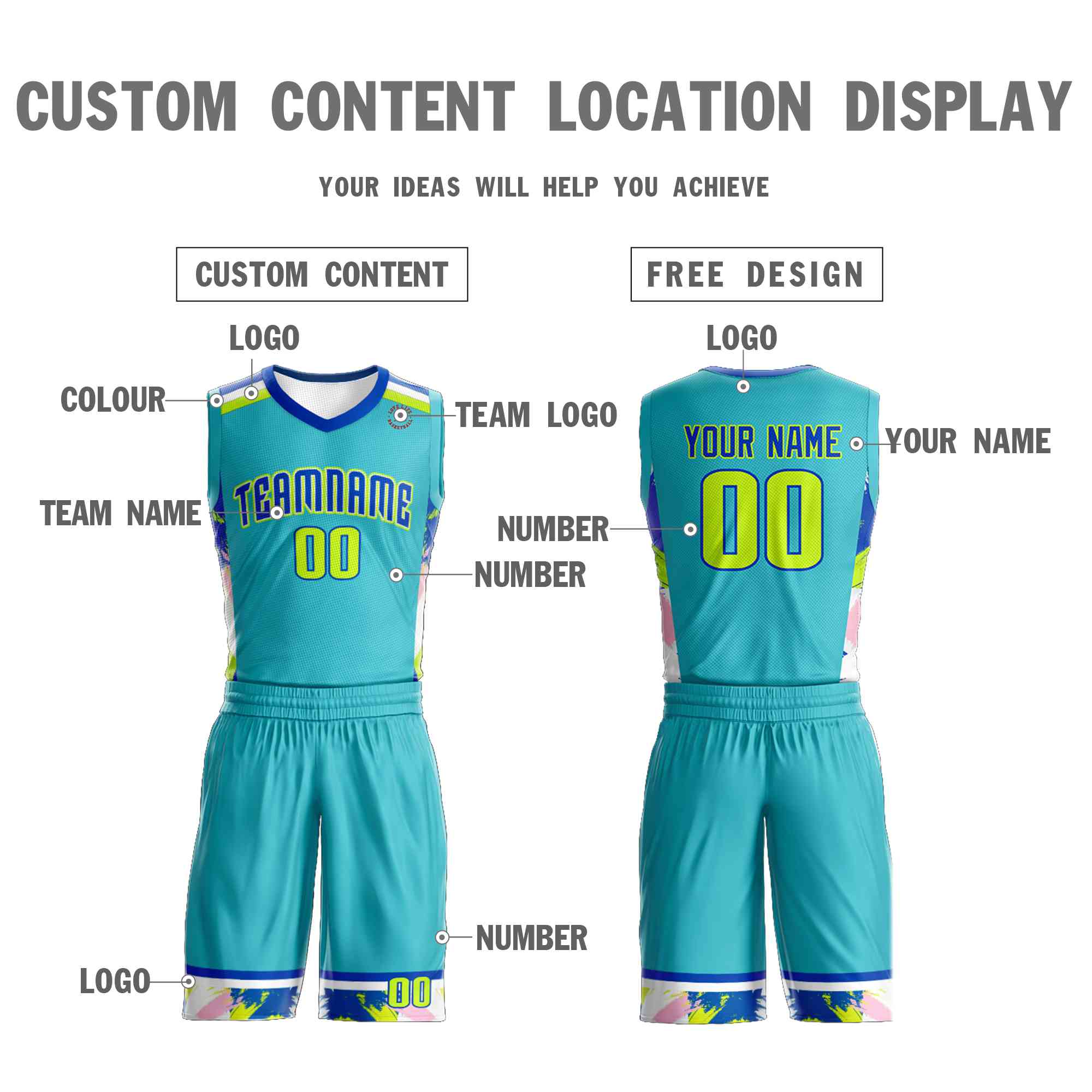 Custom Teal Royal-White Graffiti Pattern Sets Basketball Jersey