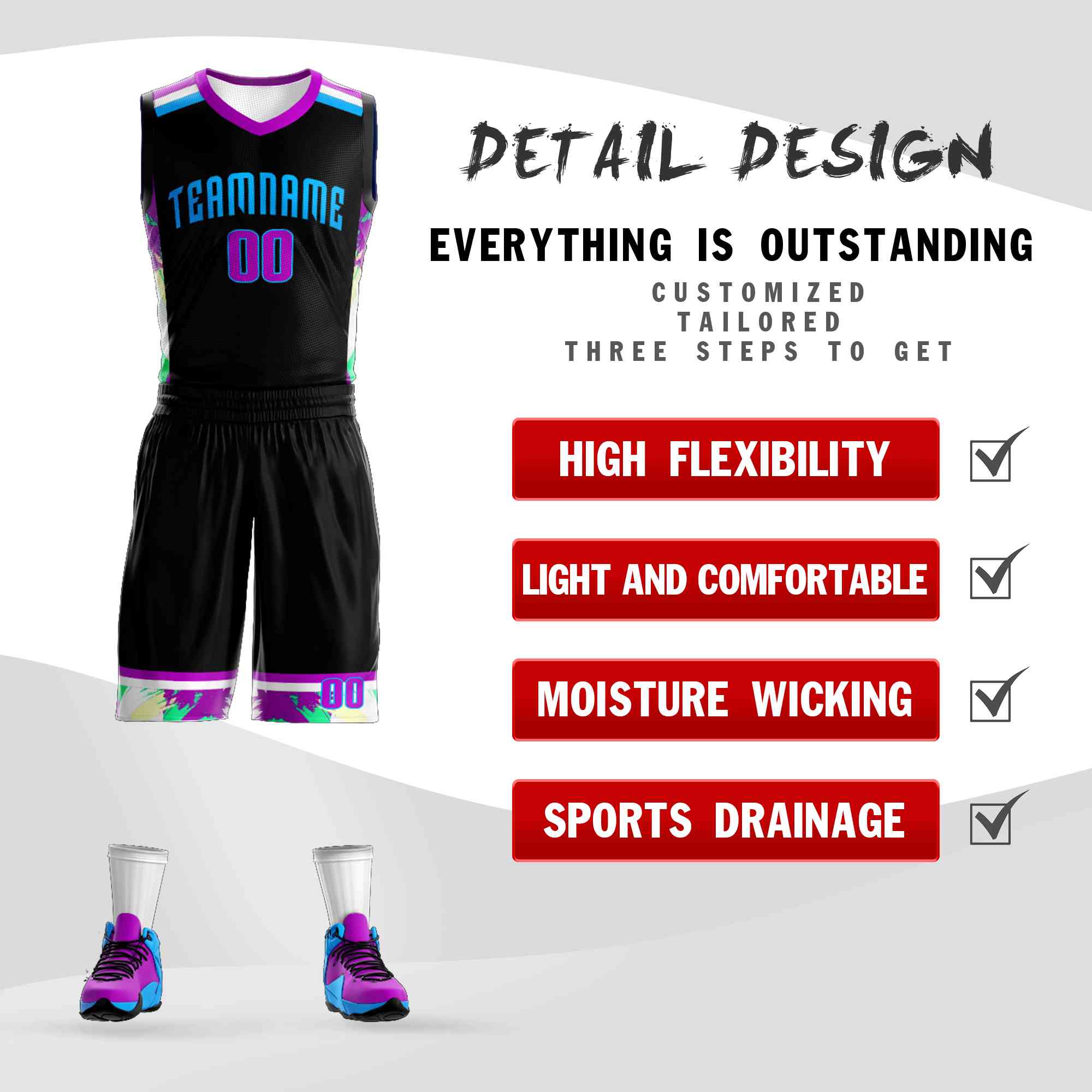 Custom Black Powder Blue Graffiti Pattern Sets Basketball Jersey