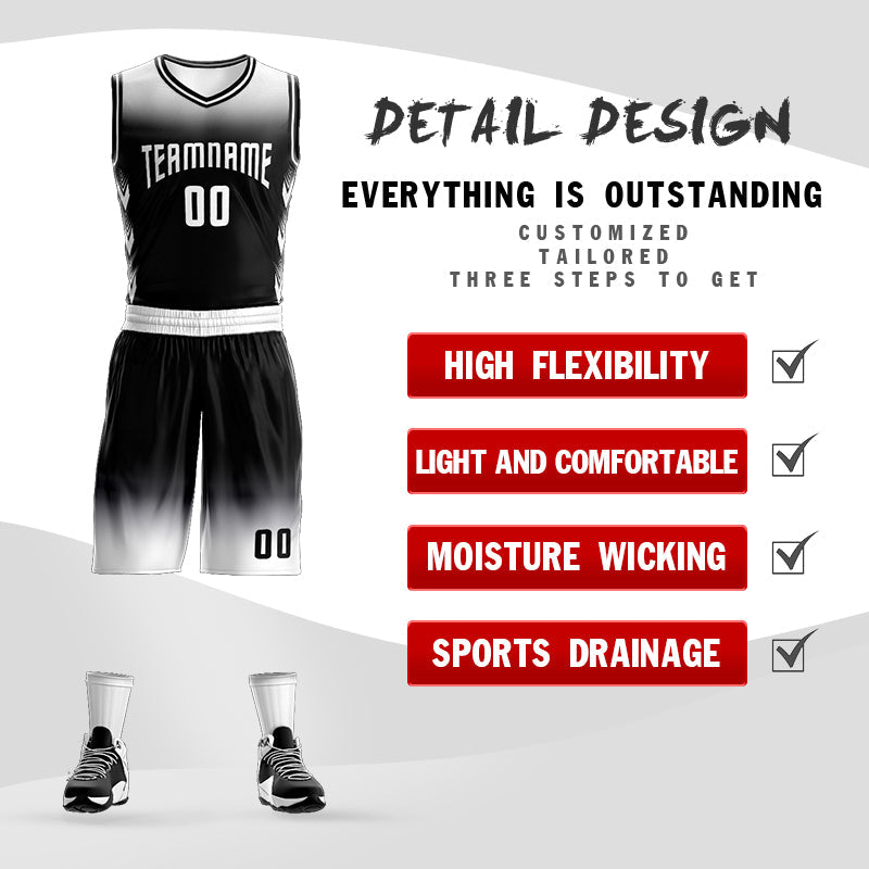 Custom White Black White Gradient Fashion Sets Basketball Jersey