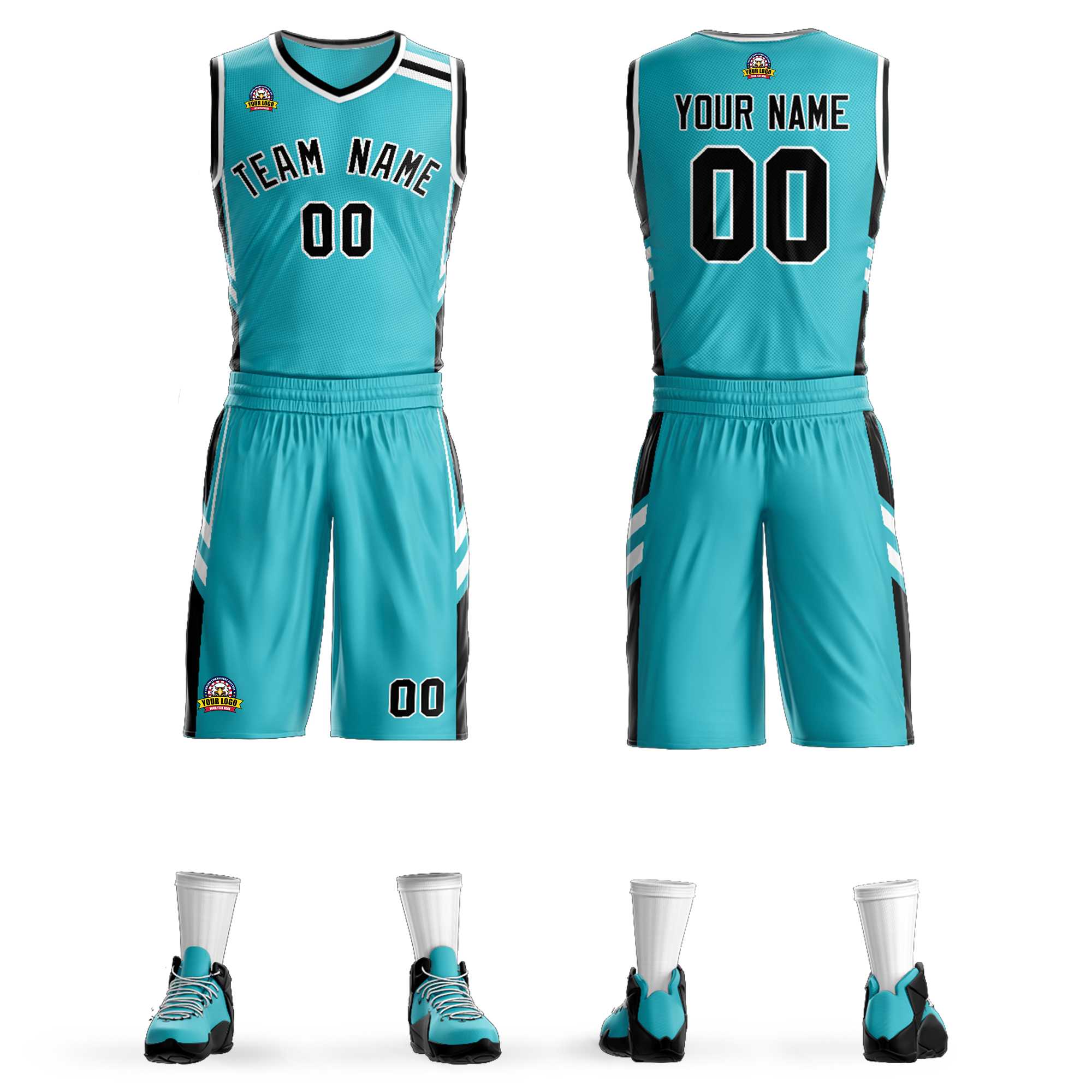 Custom Teal Black White Classic Sets Mesh Basketball Jersey