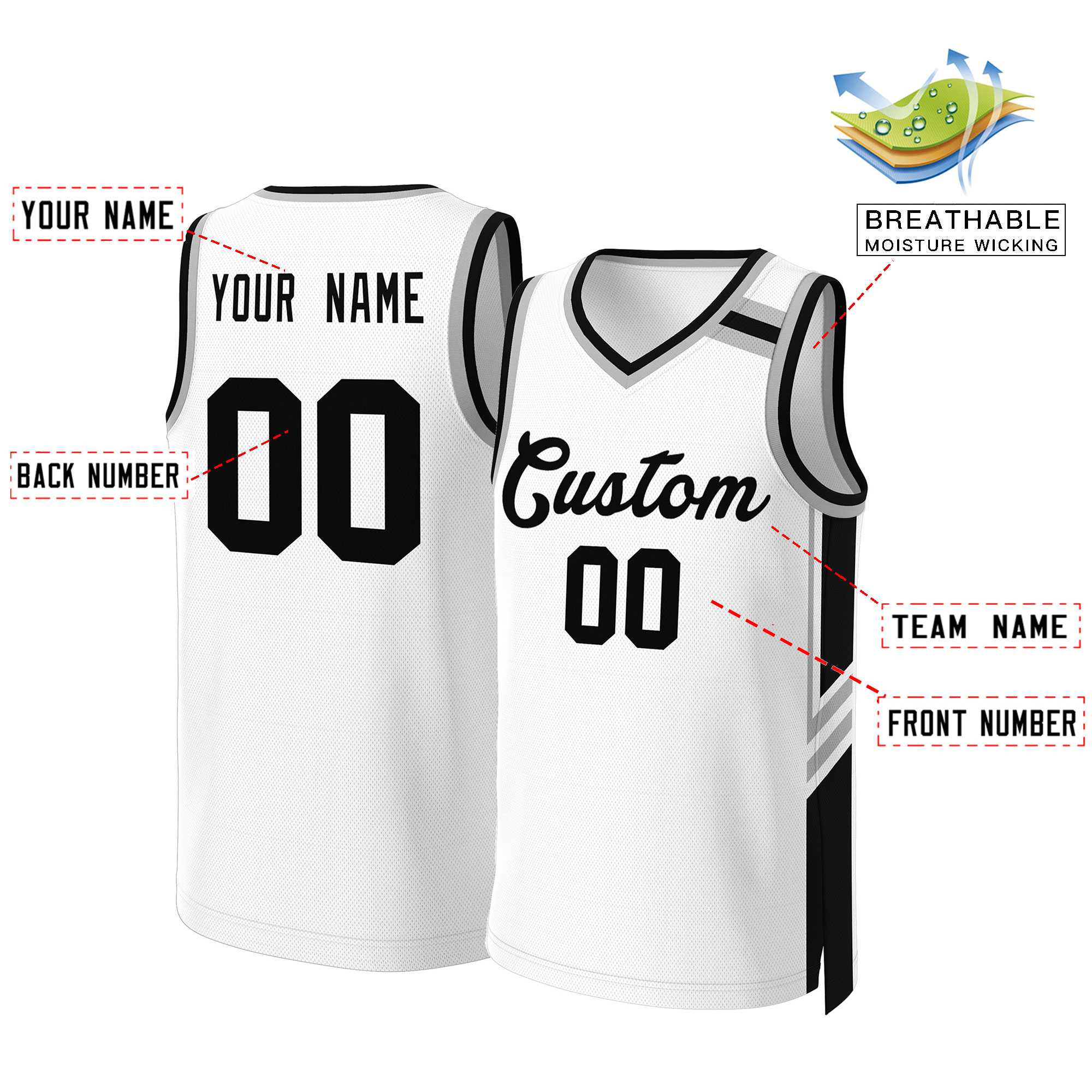 Maillot de basket-ball en maille blanc et noir, personnalisé, classique