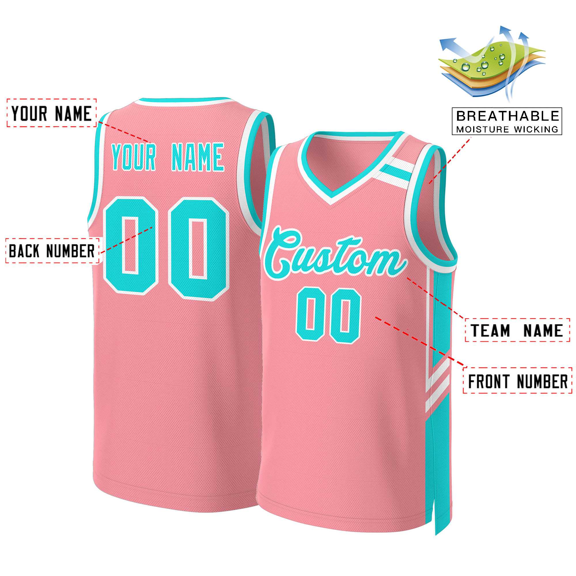 Maillot de basket-ball en maille, personnalisé, rose clair, blanc, Aqua, classique