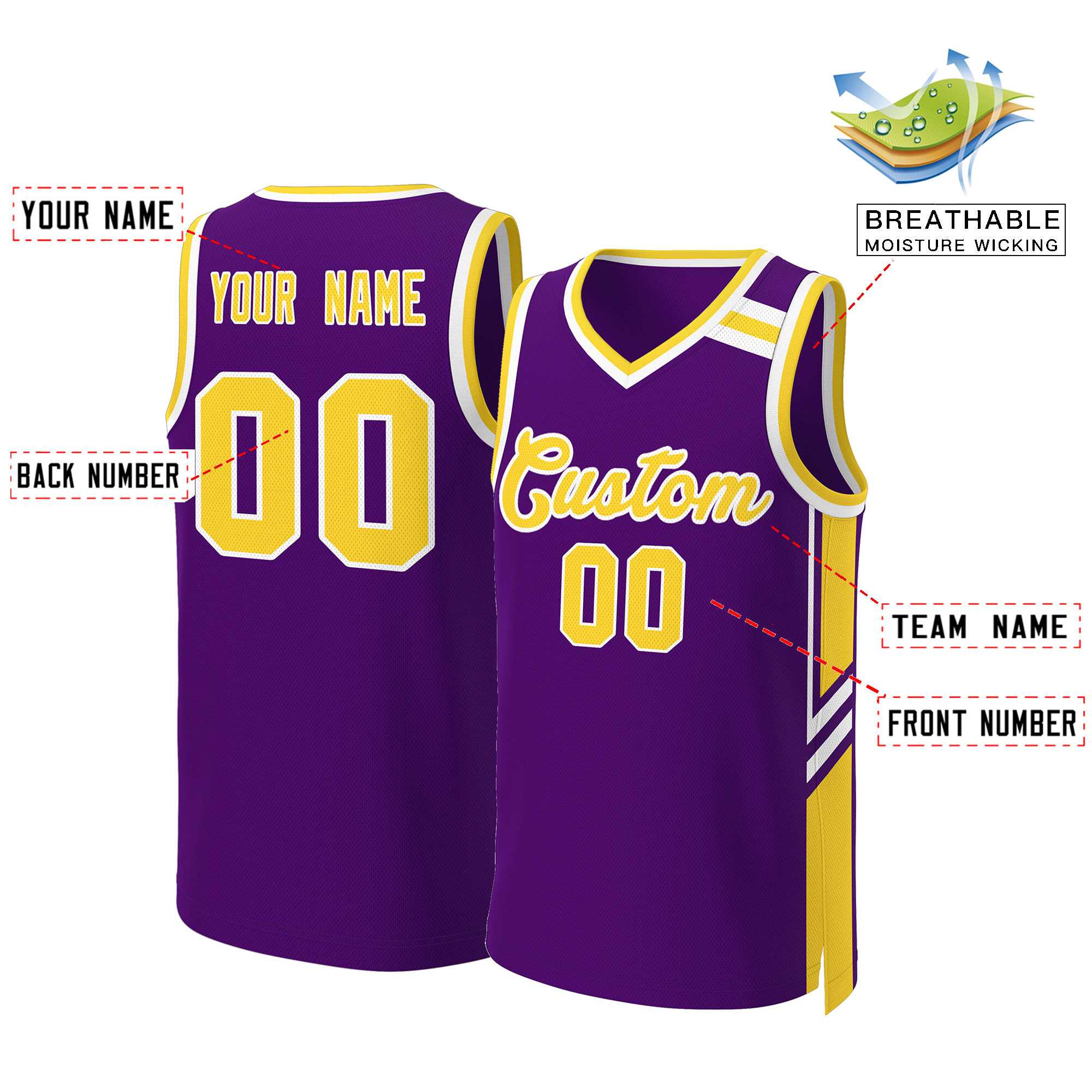 Maillot de basket-ball en maille, personnalisé, violet, or, blanc, classique