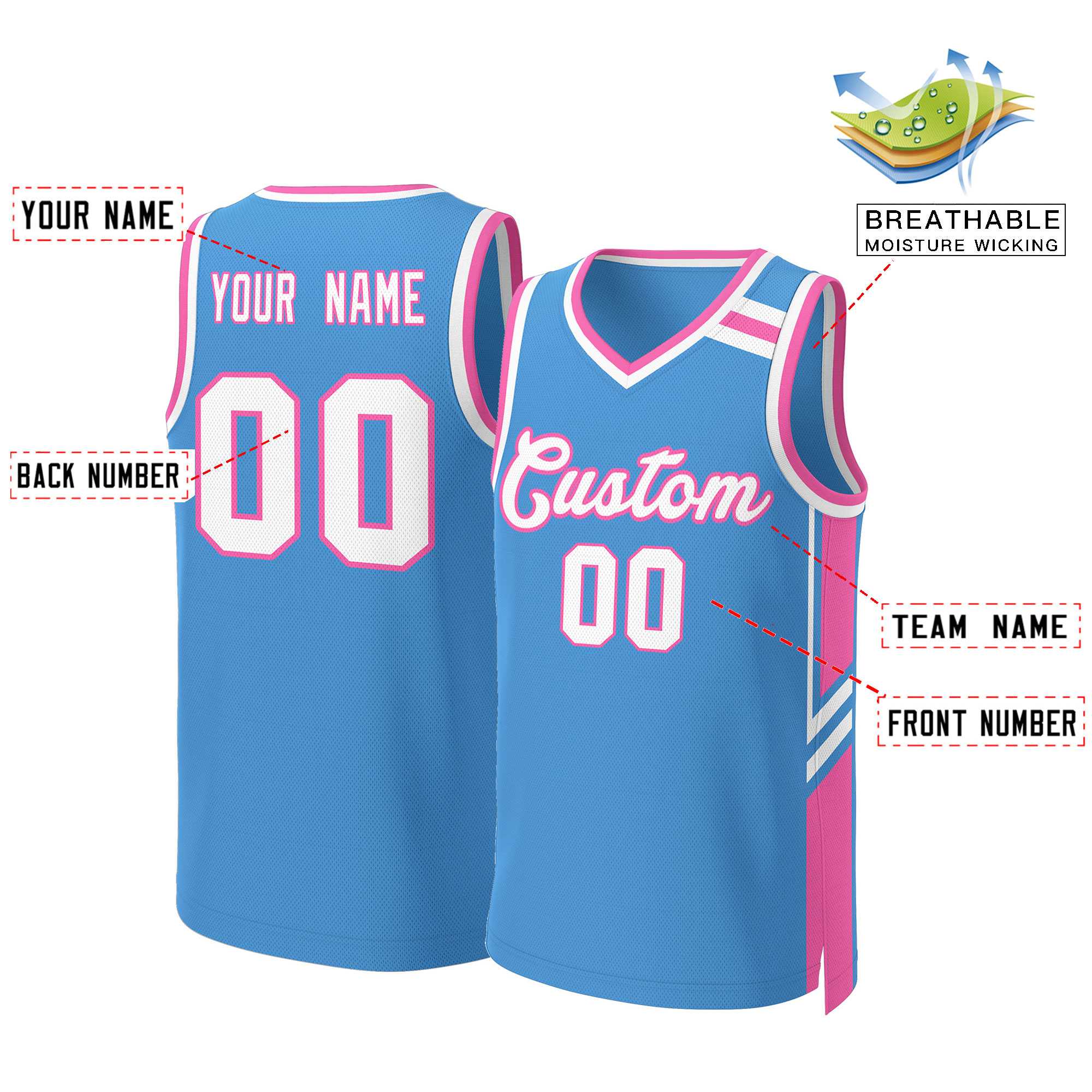 Custom Powder Blue White Pink Classic Tops Mesh Basketball Jersey