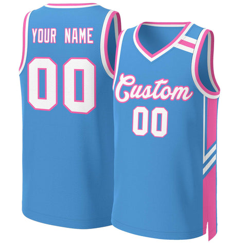 Custom Powder Blue White Pink Classic Tops Mesh Basketball Jersey