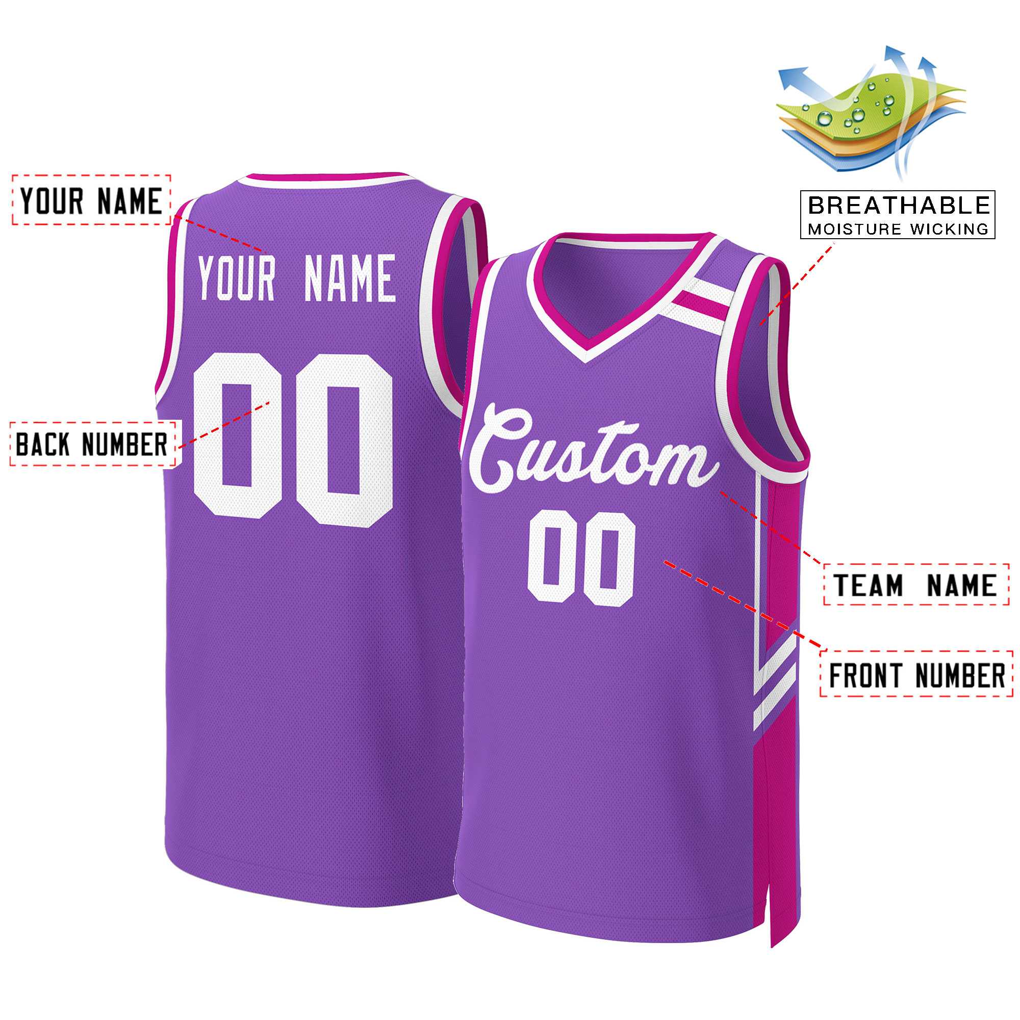 Maillot de basket-ball en maille, personnalisé, violet, blanc, classique, hauts