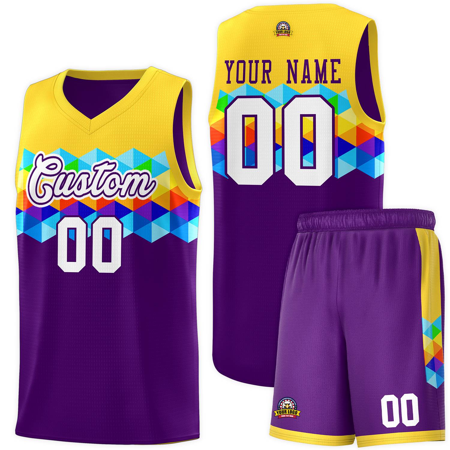 Ensembles de maillots de basket-ball colorés personnalisés or violet-blanc