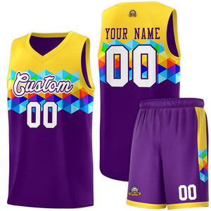 Ensembles de maillots de basket-ball colorés personnalisés or violet-blanc