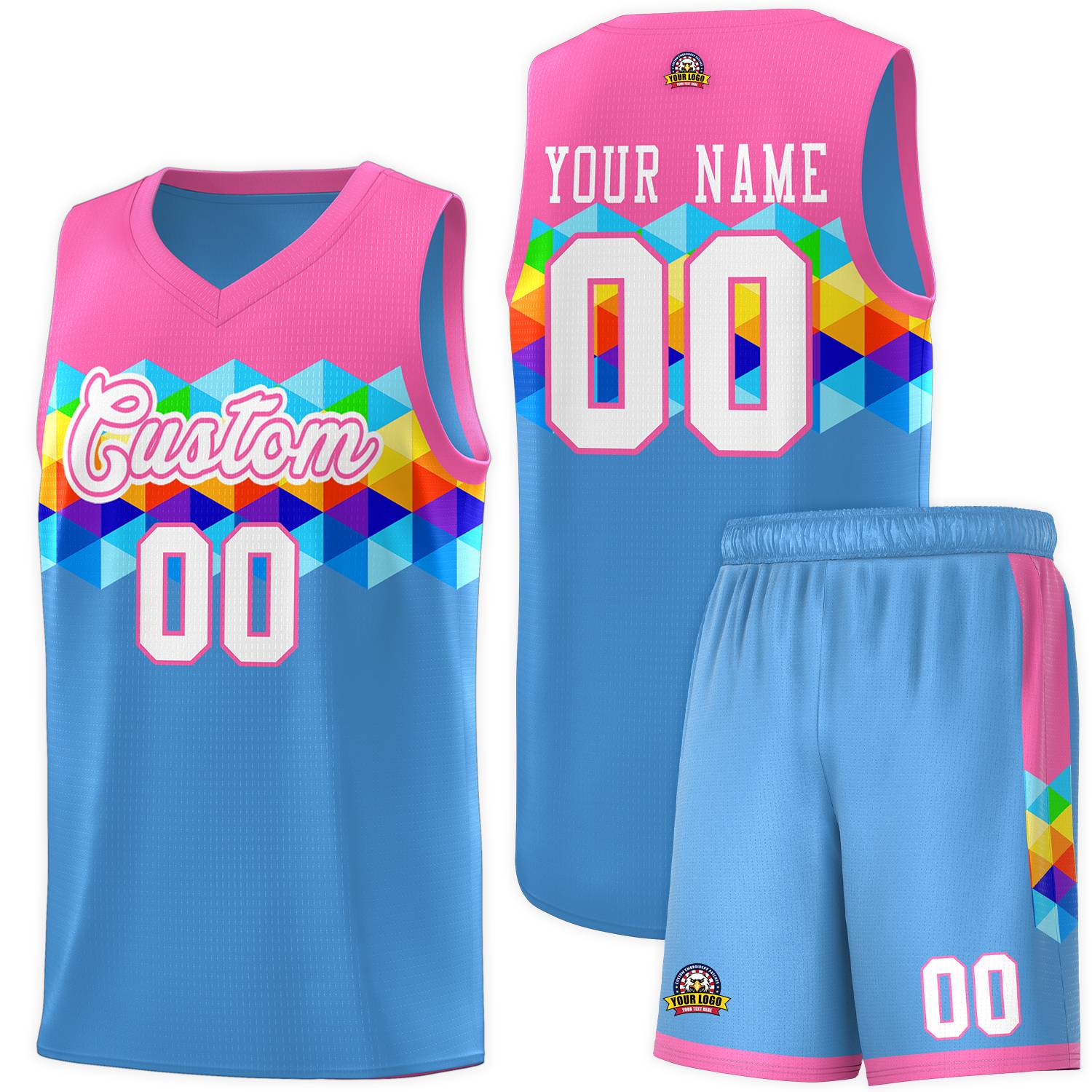 Custom Pink Powder Blue-White Personalized Colorful Basketball Jersey Sets