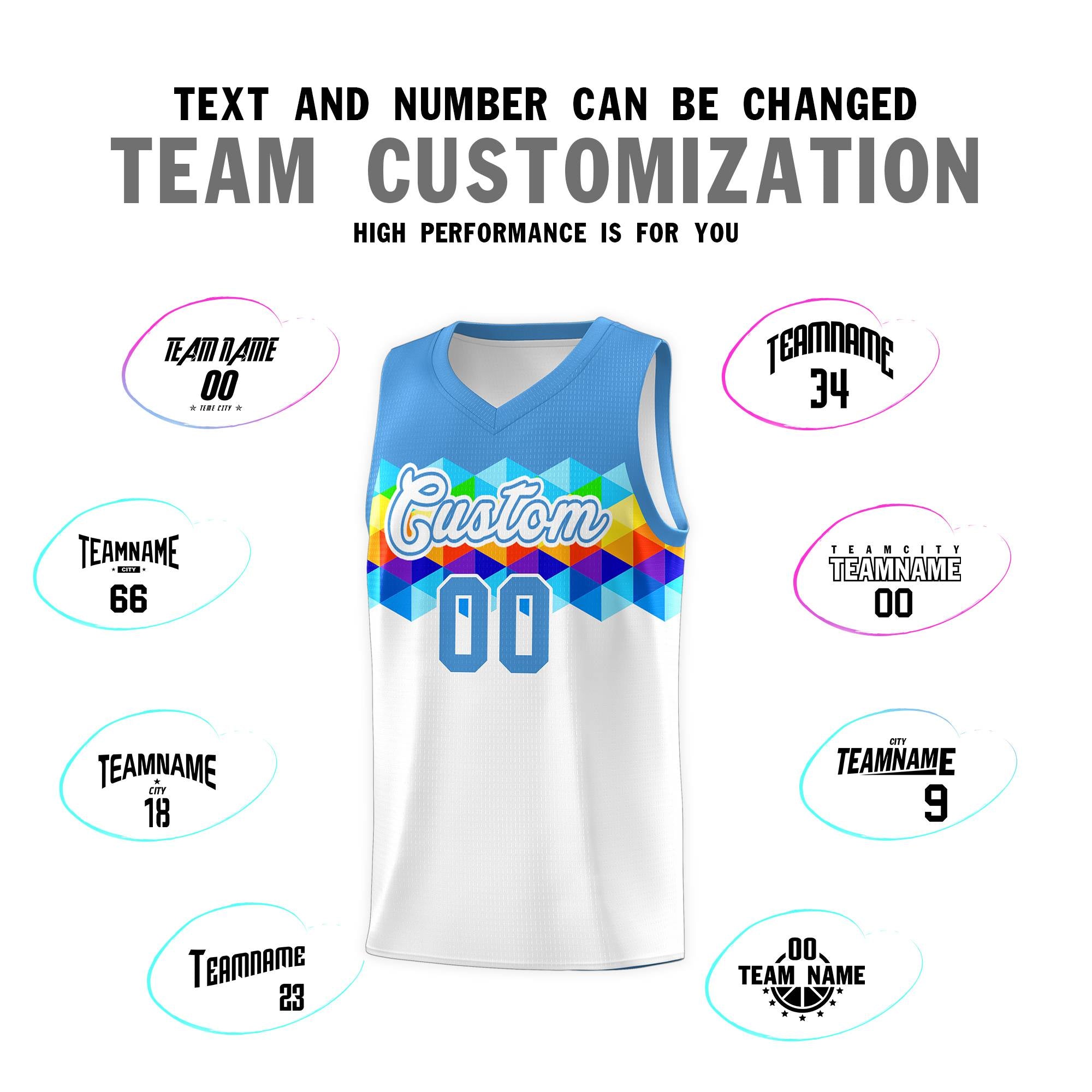 Custom Powder Blue White Personalized Colorful Basketball Jersey Sets