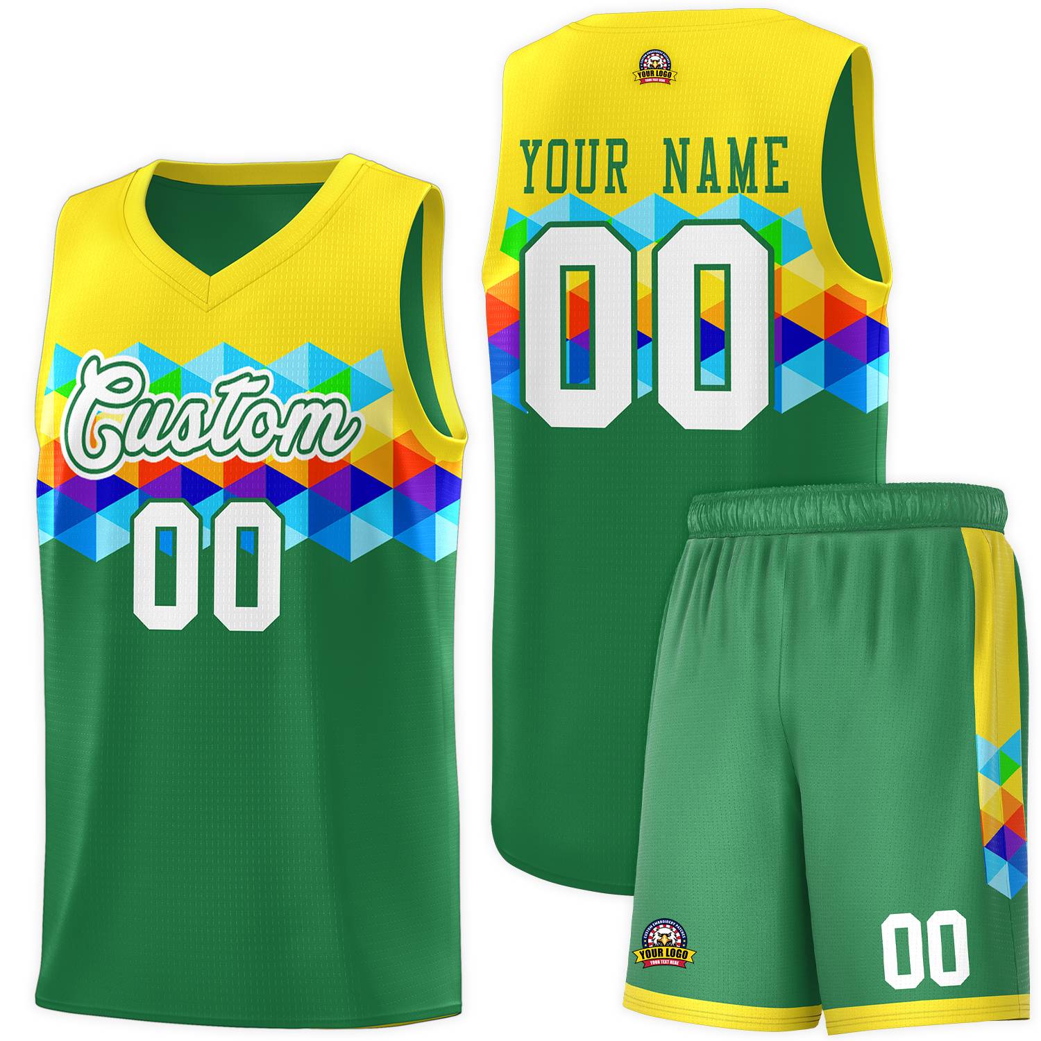 Ensembles de maillots de basket-ball colorés personnalisés or Kelly vert-blanc