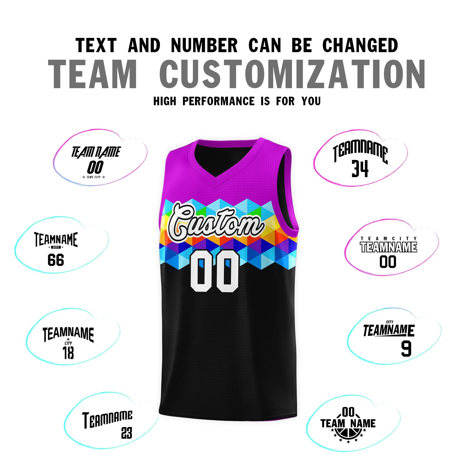 Custom Purple Black-White Personalized Colorful Basketball Jersey Sets