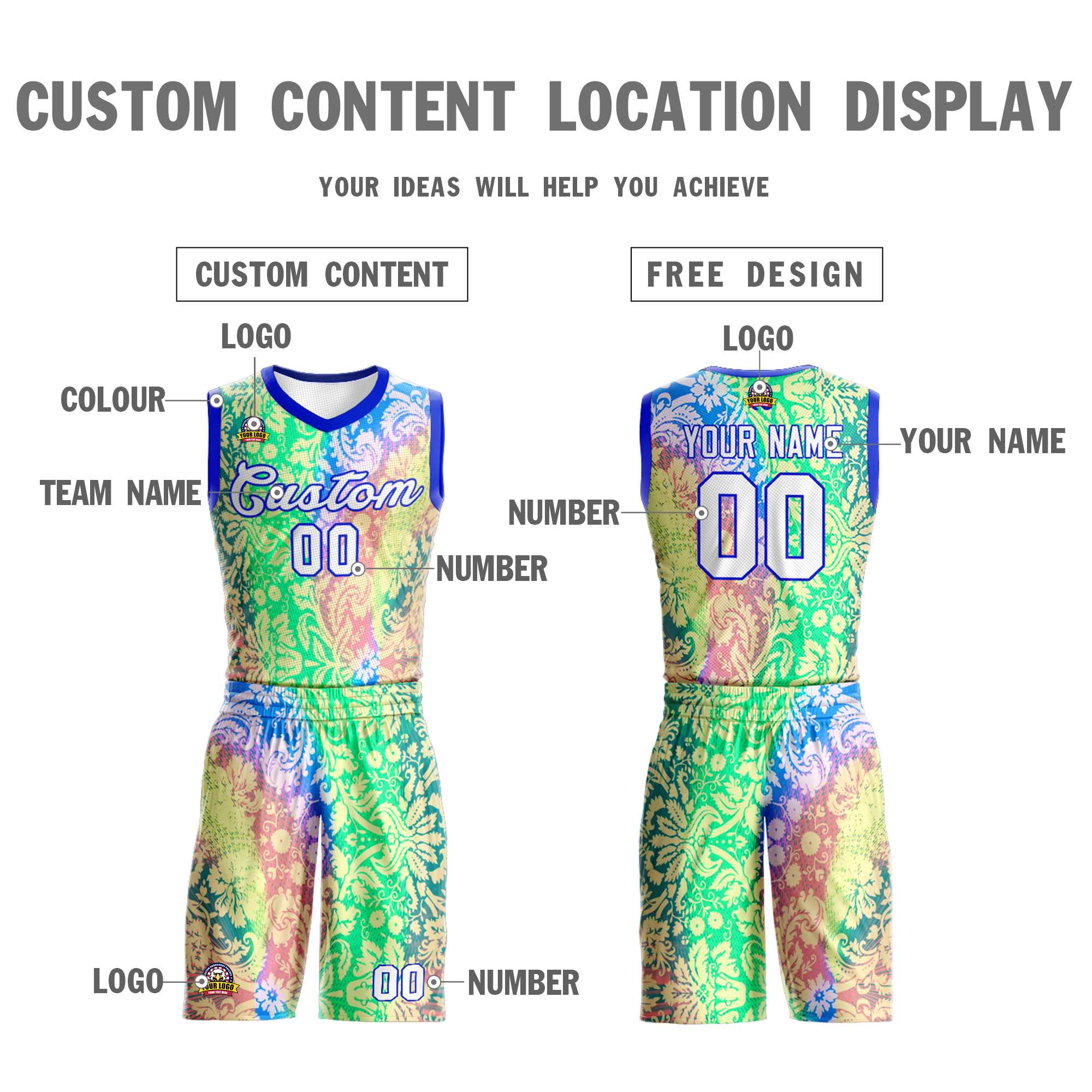 Custom Green White-Royal Graffiti Pattern Sets Mesh Basketball Jersey