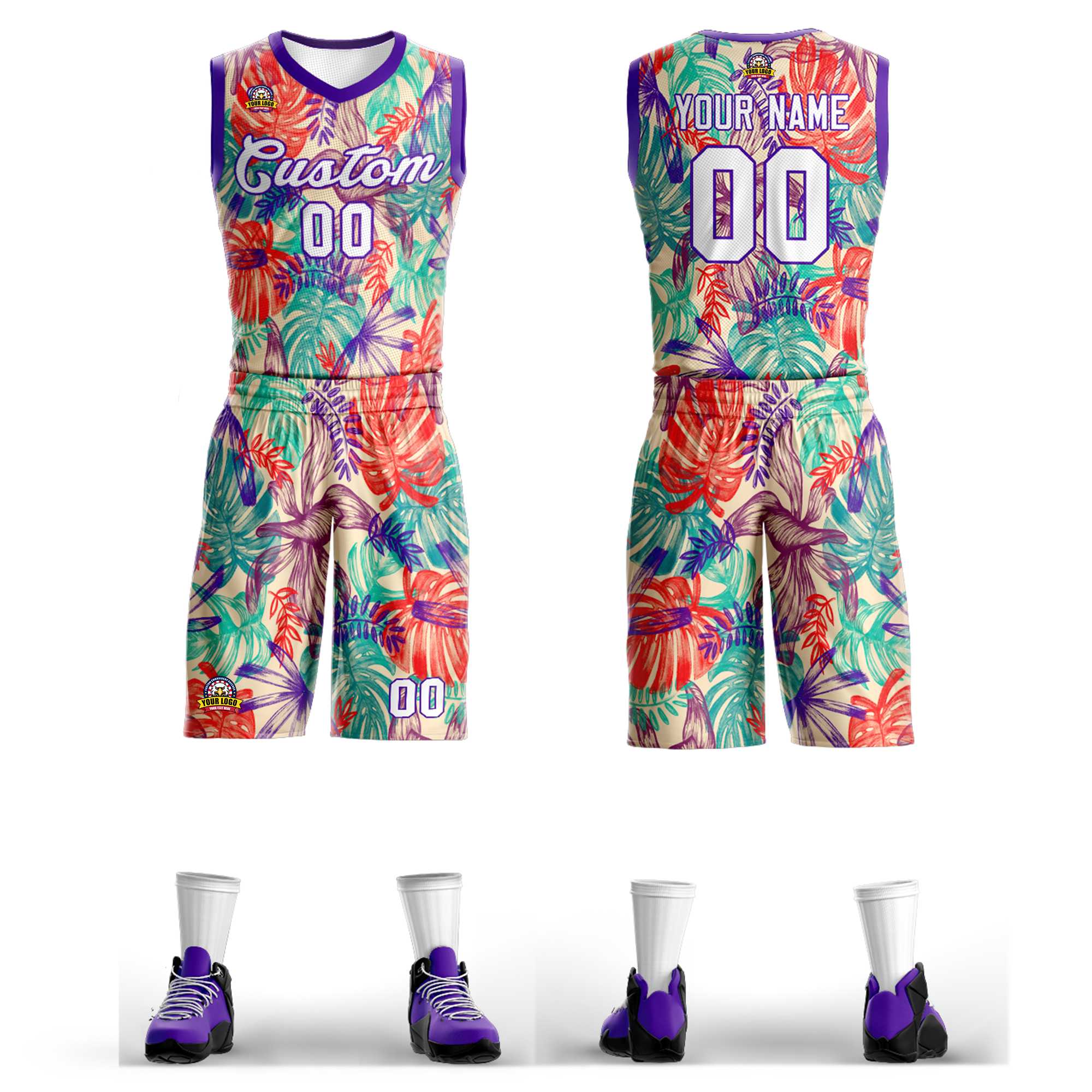 Le motif de graffiti personnalisé vert blanc-violet définit un maillot de basket-ball en maille