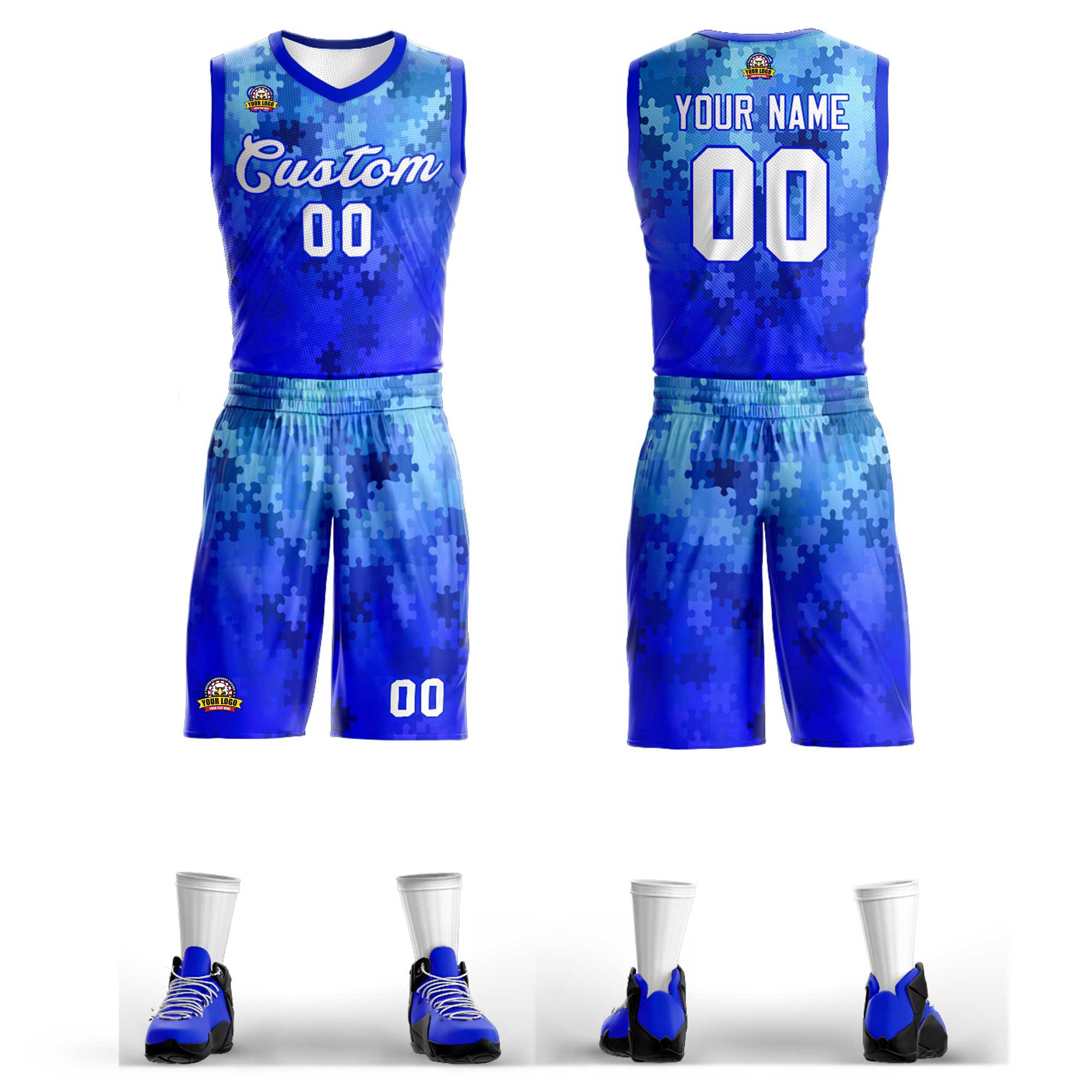 Custom Royal White-Royal Graffiti Pattern Sets Mesh Basketball Jersey