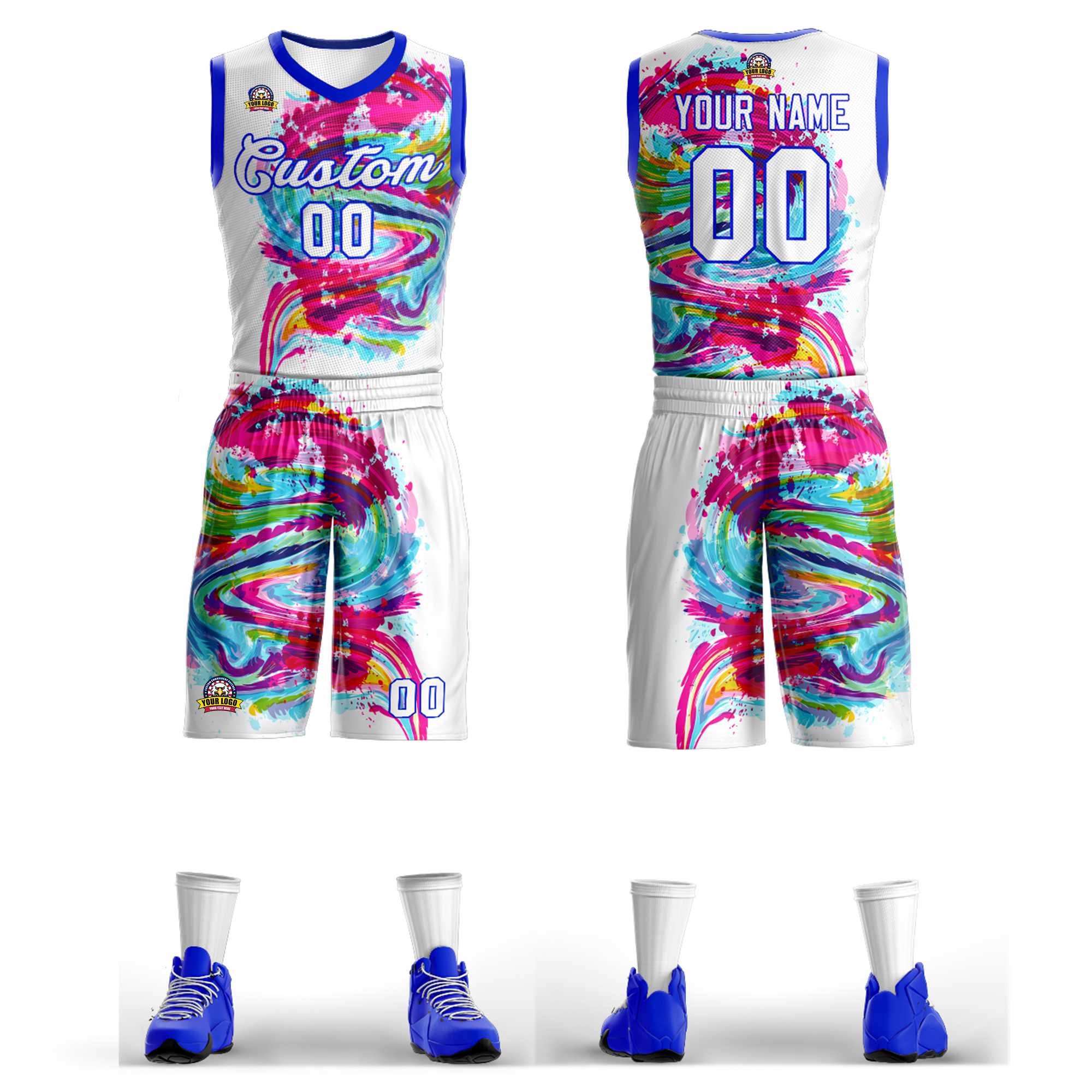 Le motif de graffiti blanc-royal personnalisé définit un maillot de basket-ball en maille