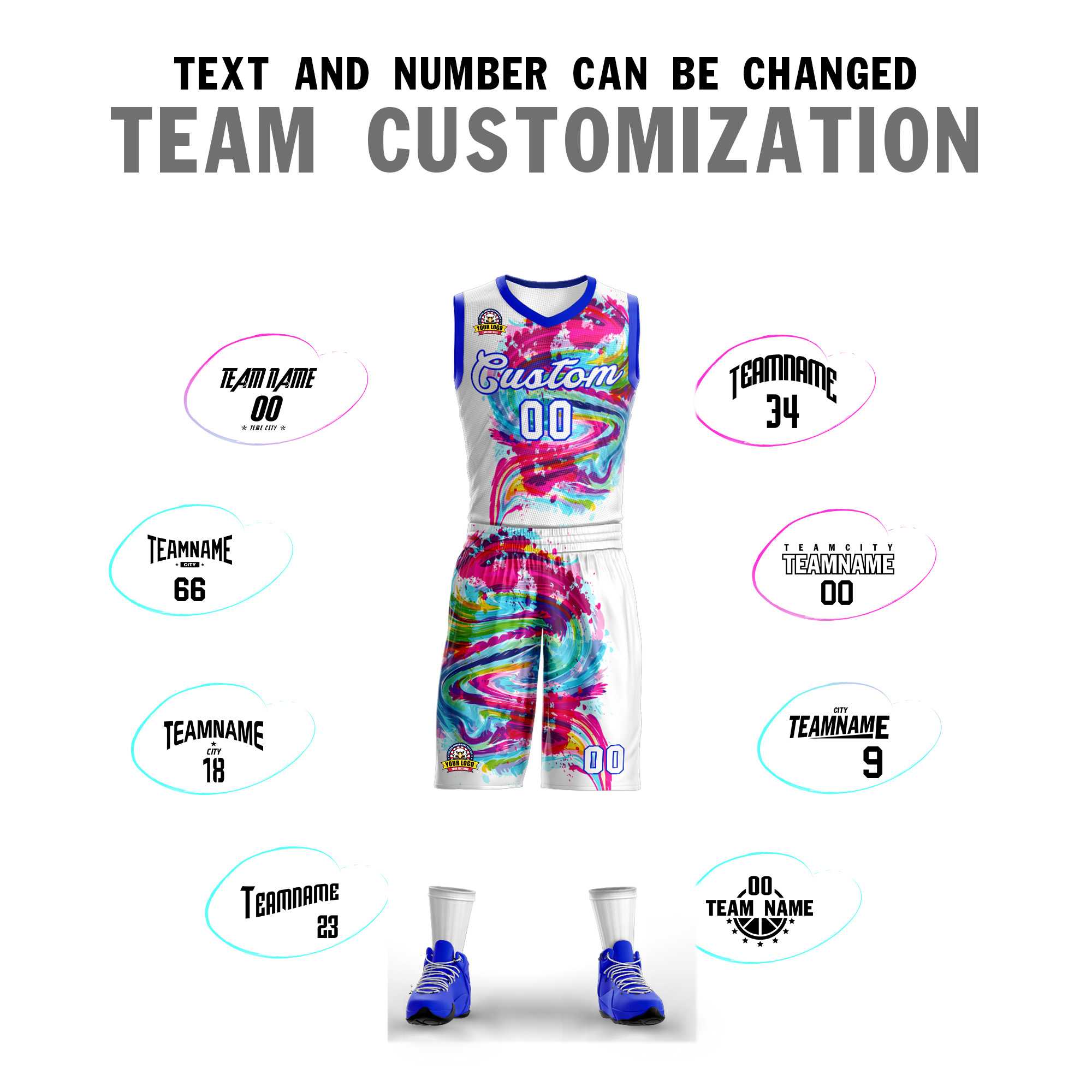 Custom White White-Royal Graffiti Pattern Sets Mesh Basketball Jersey