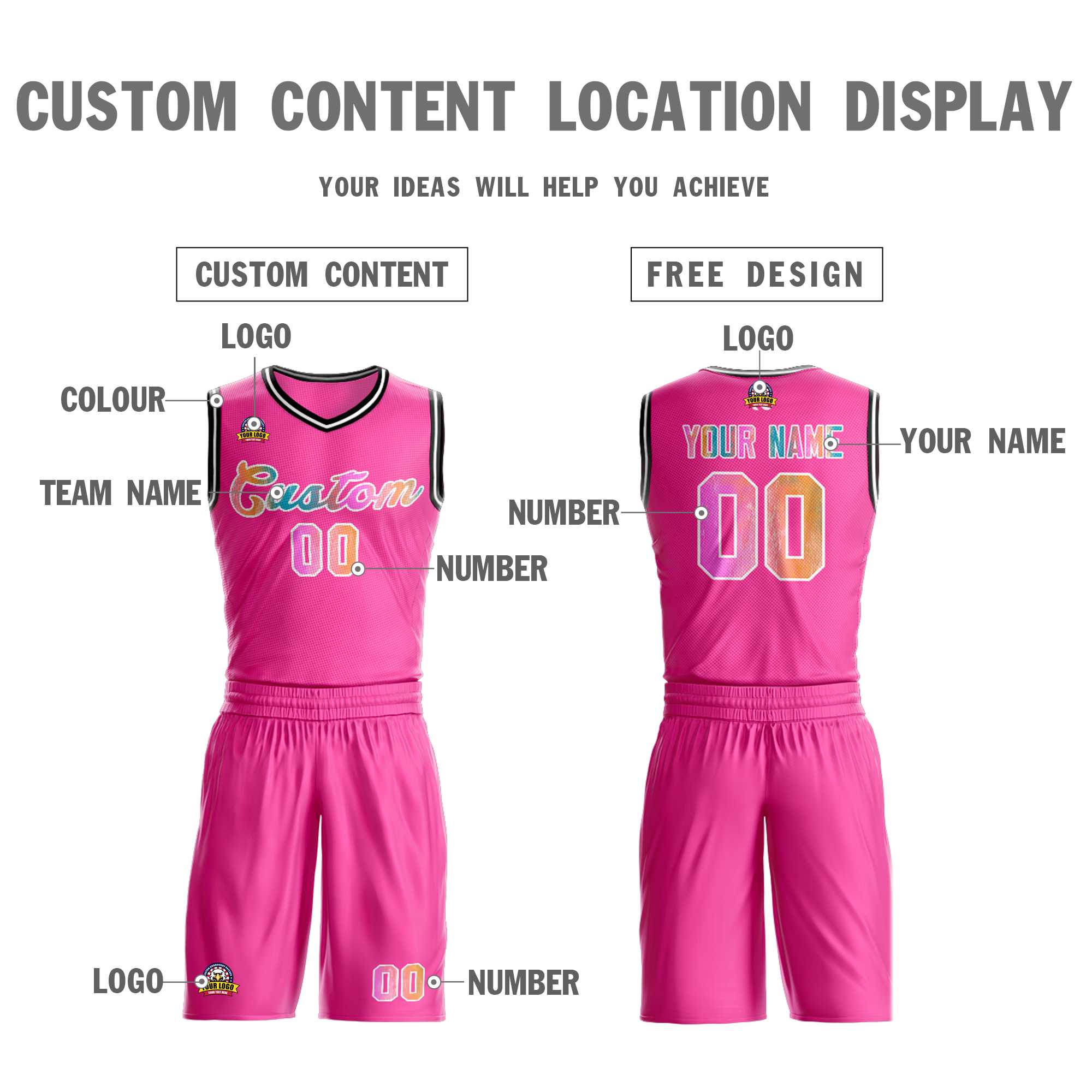 FANSIDEA Custom Graffiti Pattern Pink Black-White Sublimation Soccer Uniform Jersey Youth Size:110