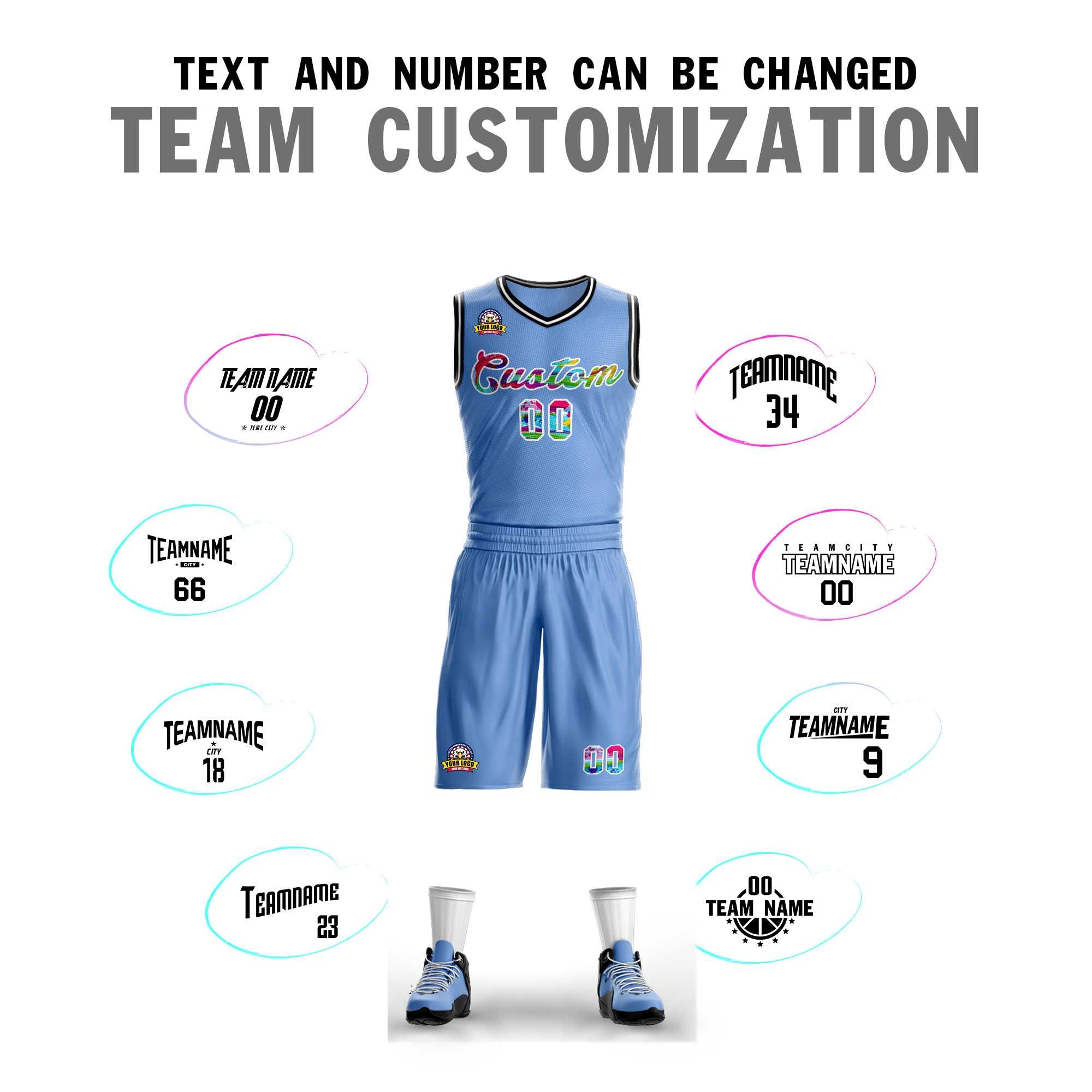 Custom Light Blue White Graffiti Pattern Sets Mesh Basketball Jersey