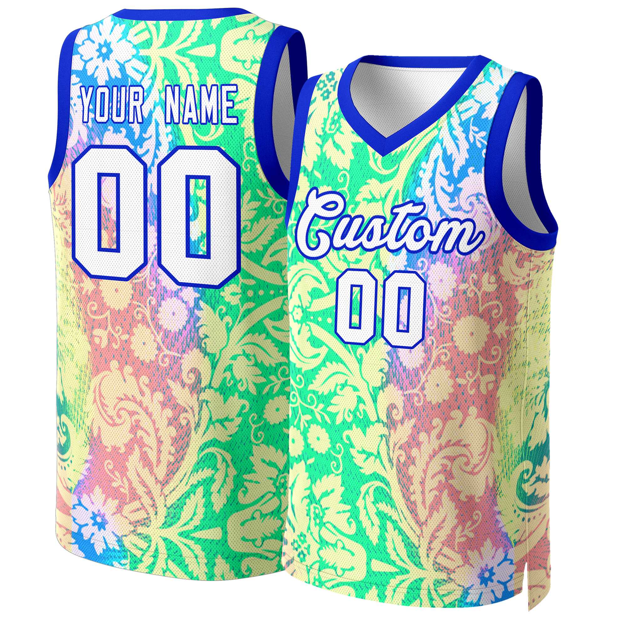 Maillot de basket-ball en maille, personnalisé, vert, blanc, Royal, motif Graffiti