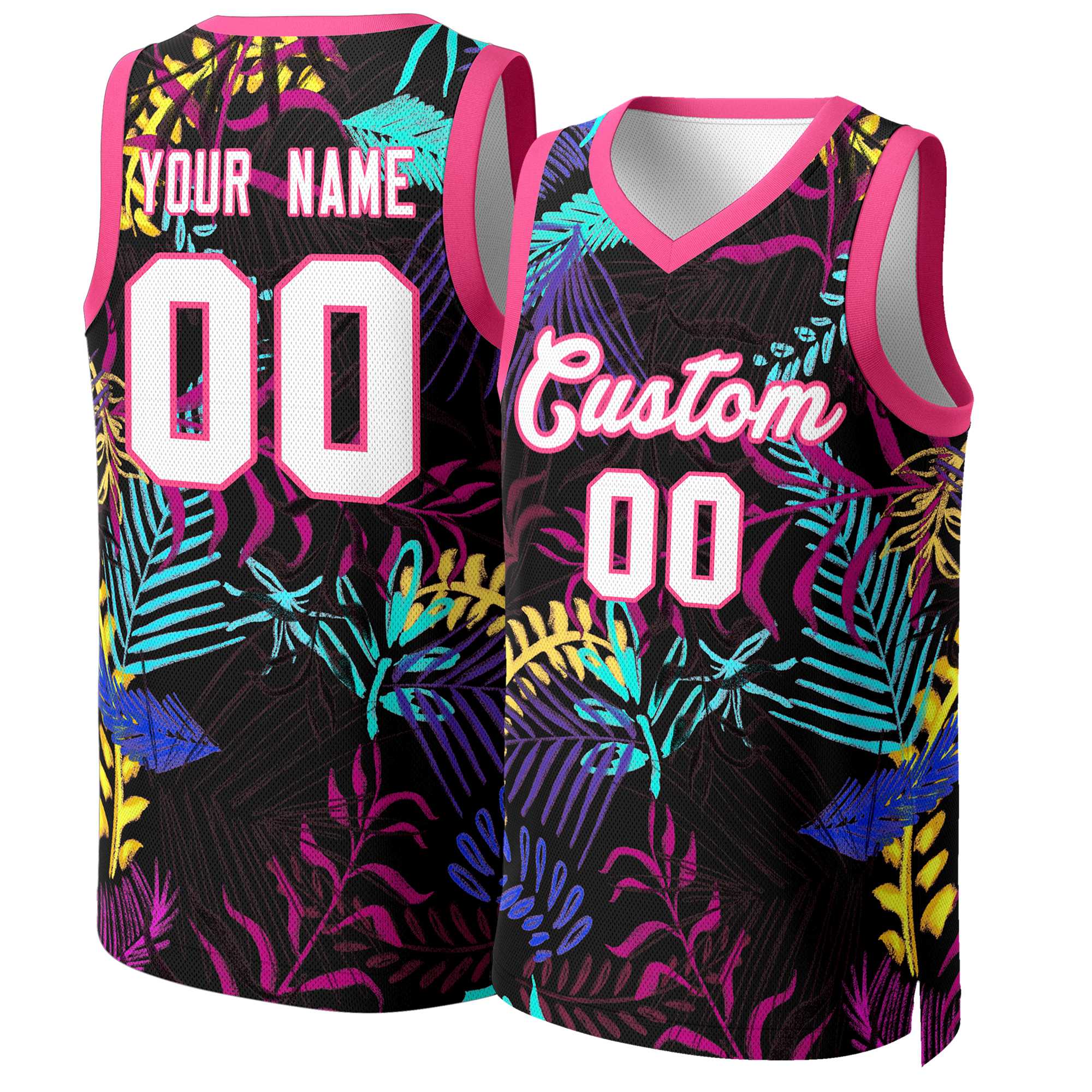 Maillot de basket-ball en maille personnalisé à motif Graffiti noir blanc-rose