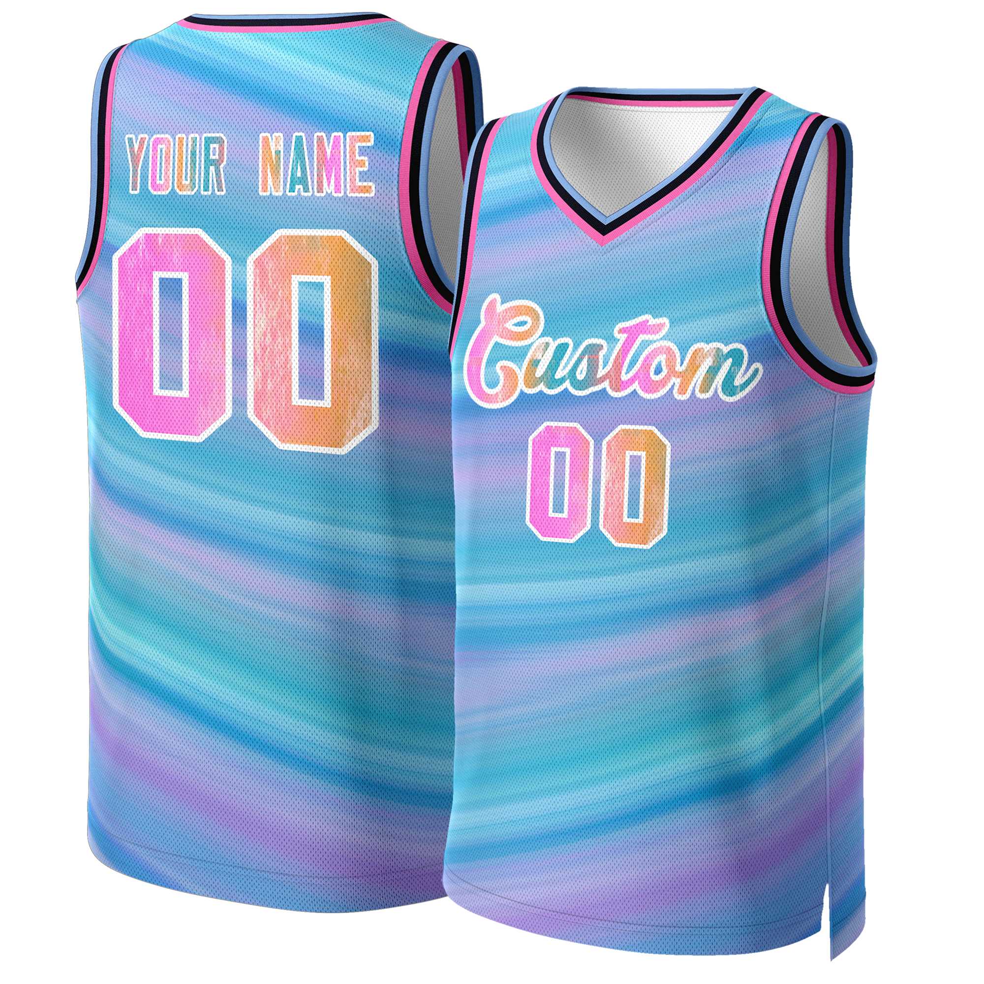 Custom Light Blue Graffiti-White Graffiti Pattern Tops Mesh Basketball Jersey