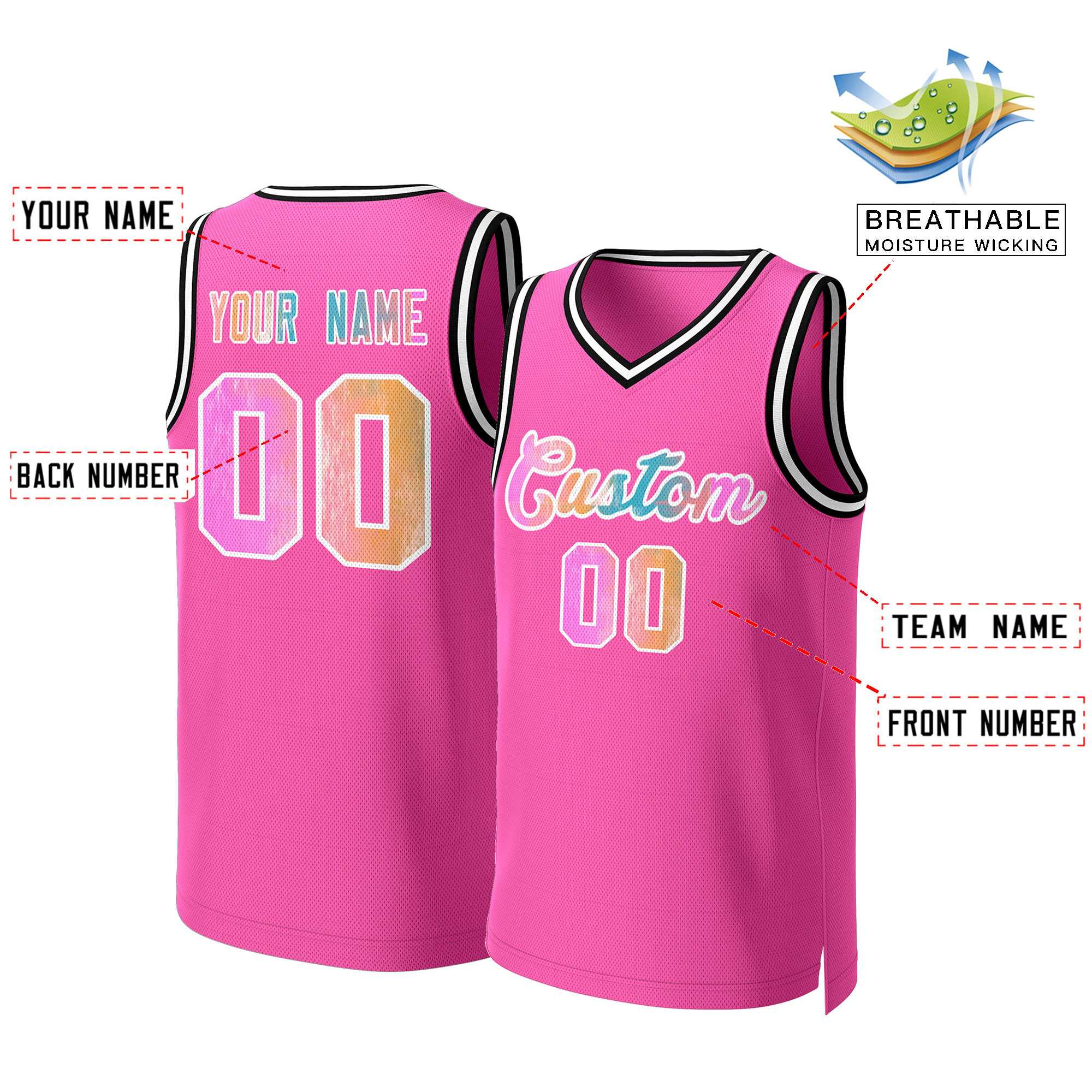 Maillot de basket-ball en maille avec motif Graffiti rose et blanc personnalisé