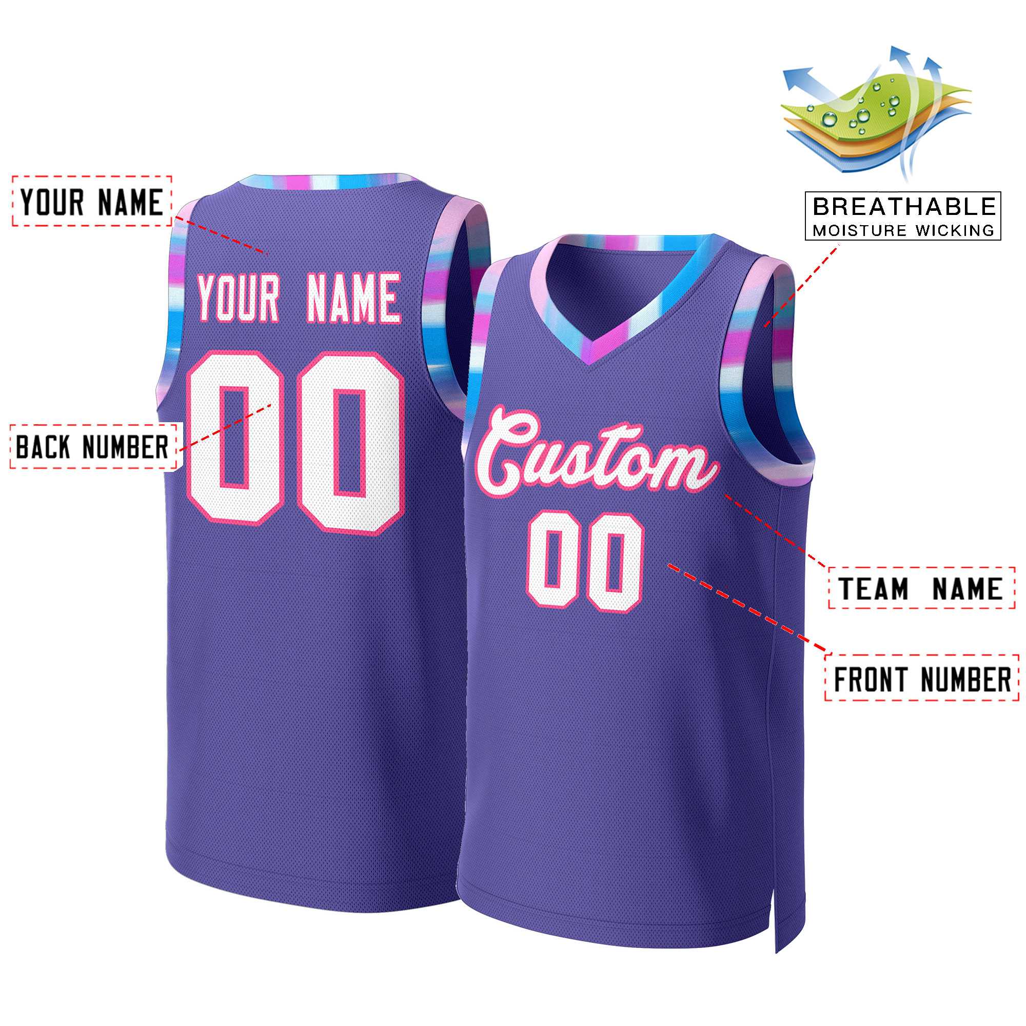 Maillot de basket-ball en maille personnalisé à motif Graffiti violet blanc-rose