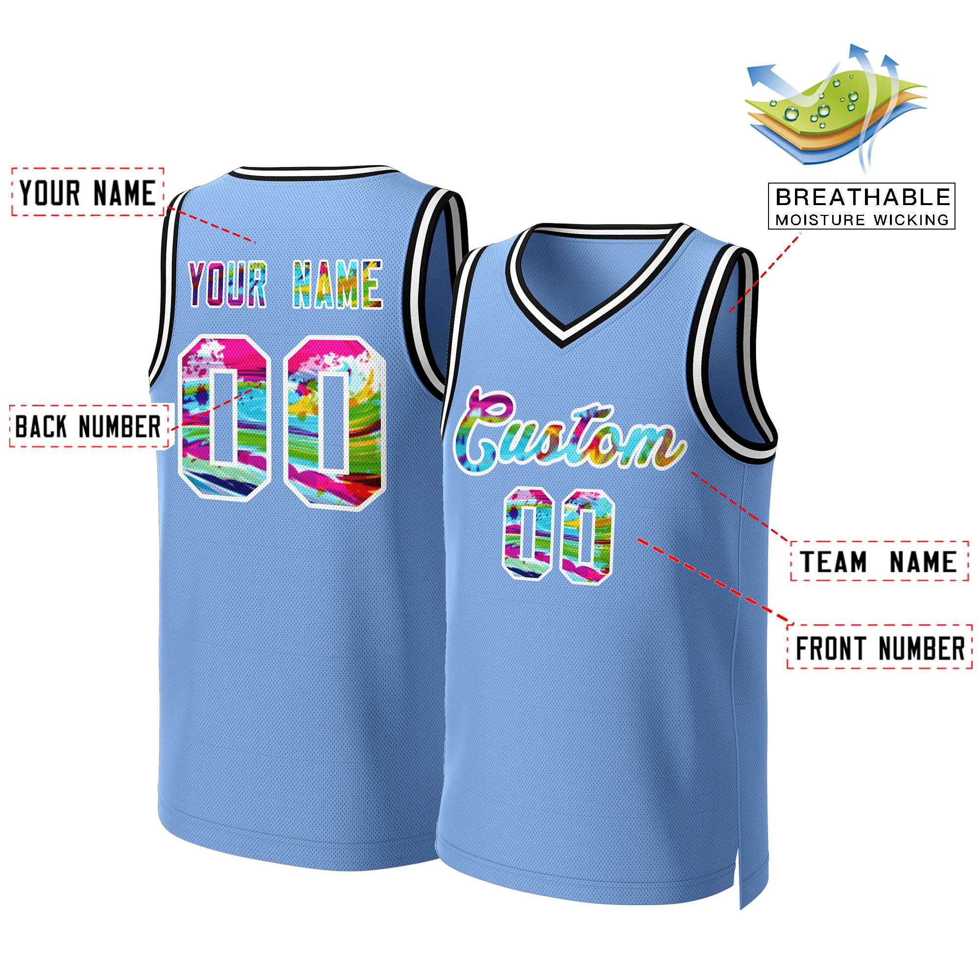 Custom Light Blue Graffiti-White Graffiti Pattern Tops Mesh Basketball Jersey